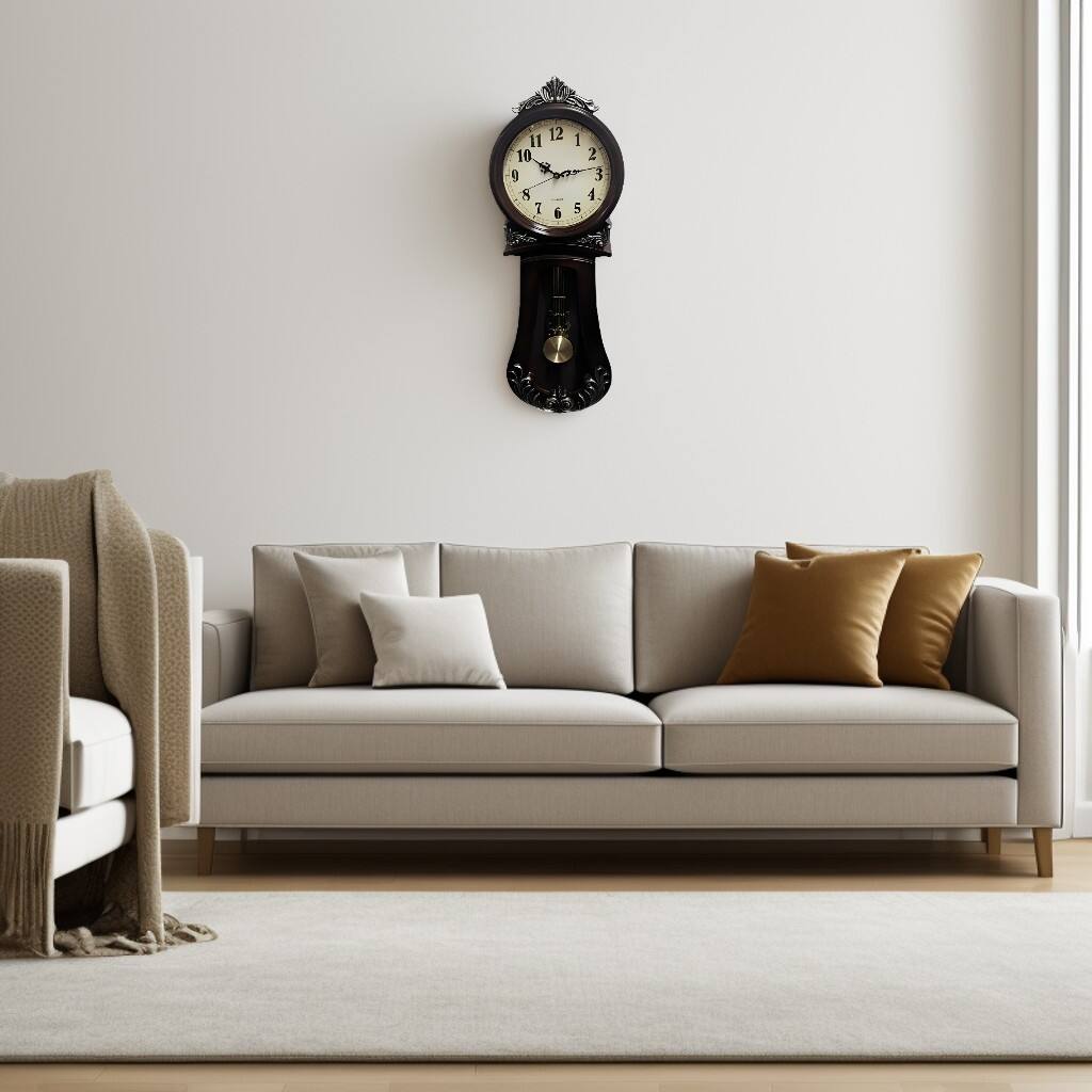 Angle. FC Design - 30"H Dark Brown Victorian Style Wooden Pendulum Wall Clock - Multicolor.