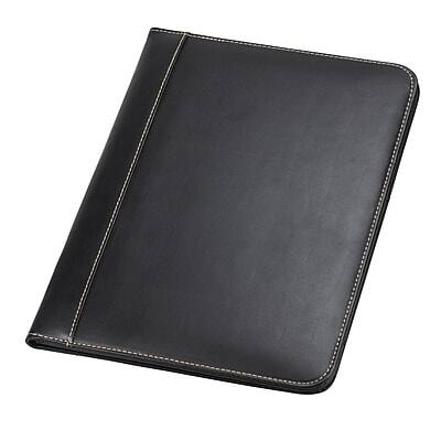 Front. Samsill - Samsill Contrast Stitch Faux Leather Padfolio with Writing Pad, Black - Black.