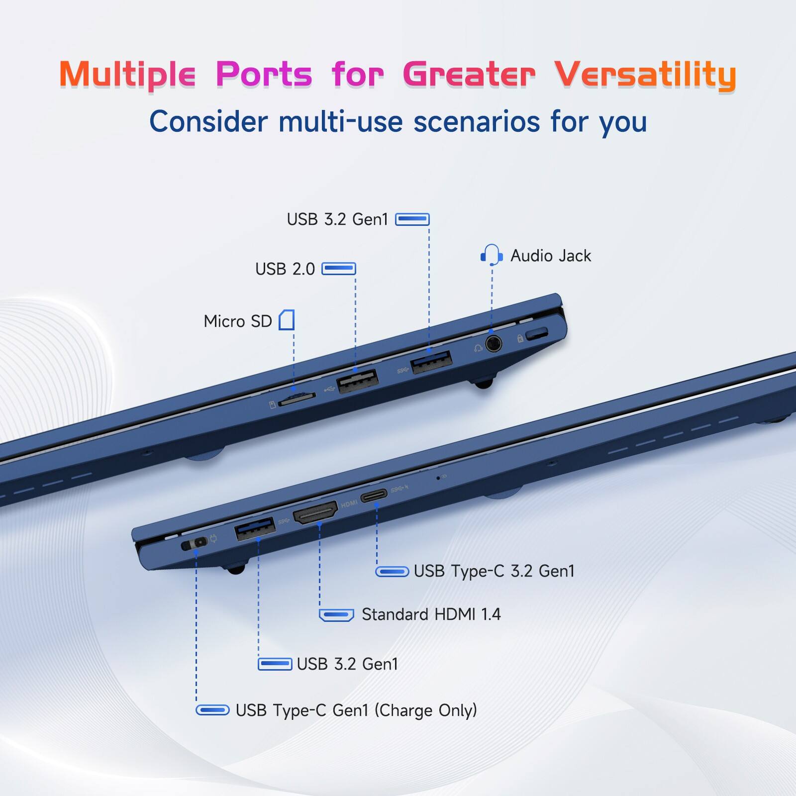 Multiple Ports for Greater Versatility  
Consider multi-use scenarios for you  

- USB 3.2 Gen1  
- USB 2.0  
- Micro SD  
- Audio Jack  
- USB Type-C 3.2 Gen1  
- Standard HDMI 1.4  
- USB 3.2 Gen1  
- USB Type-C Gen1 (Charge Only)