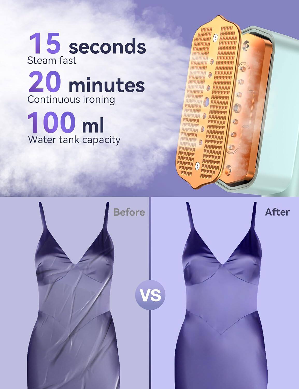 15 seconds Steam fast  
20 minutes Continuous ironing  
100 ml Water tank capacity  

Before VS After