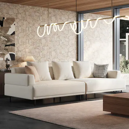 Front. luck idea - 109.44" Breathable Cotton-Linen Fabric Sofa, Solid Wood Frame, High-Elastic Sponge Seat Cushion - Light Beige.