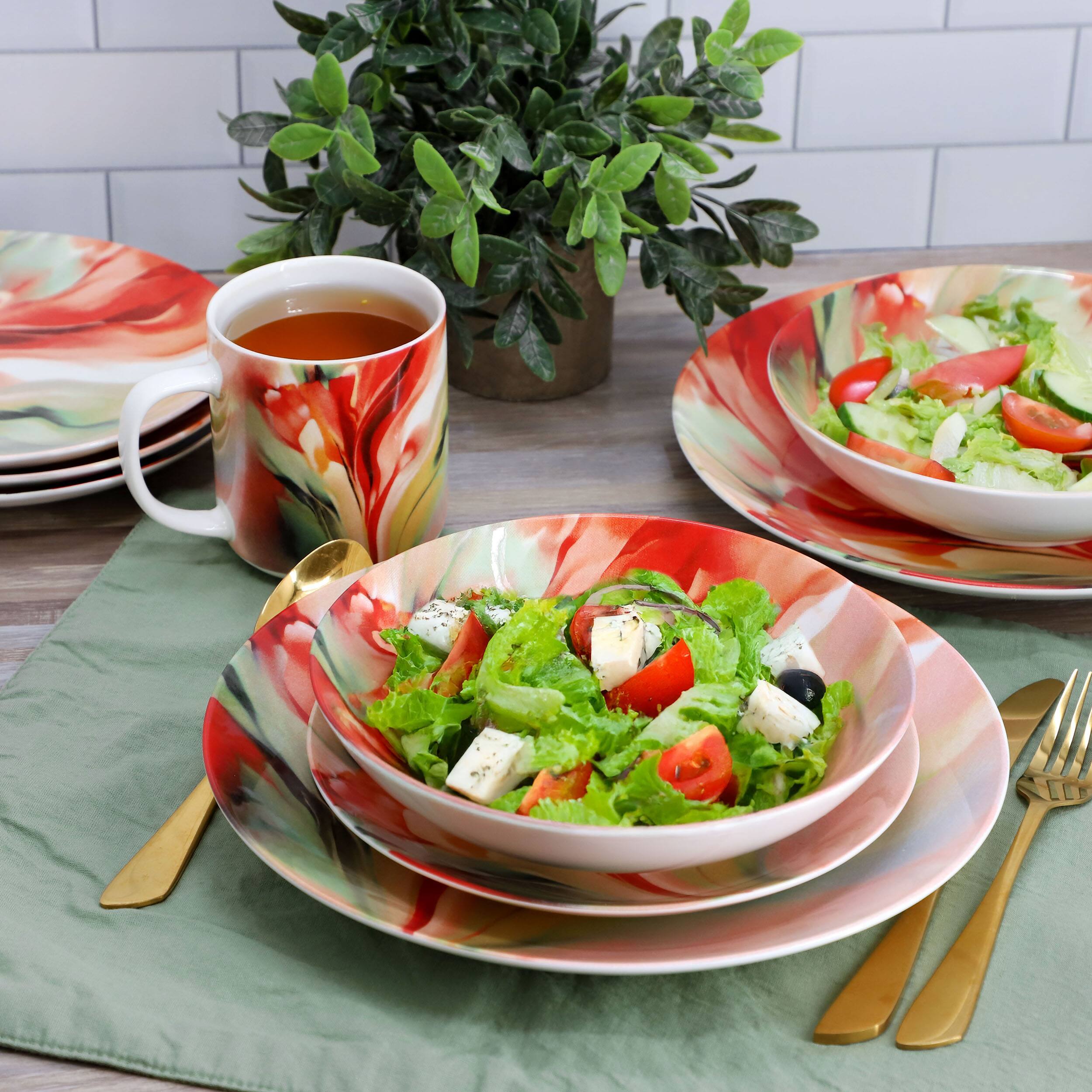 Alt View 8. Elama - Elama Autumn Storm 16 Piece Abstract Design Round Porcelain Dinnerware Set in Multicolor - Red, Orange, Green.