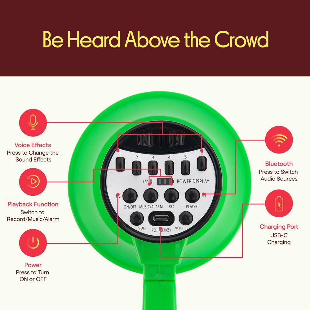 Be Heard Above the Crowd

Voice Effects
Press to Change the Sound Effects

Playback Function
Switch to Record/Music/Alarm

Power
Press to Turn ON or OFF

Bluetooth
Press to Switch Audio Sources

Charging Port
USB-C Charging