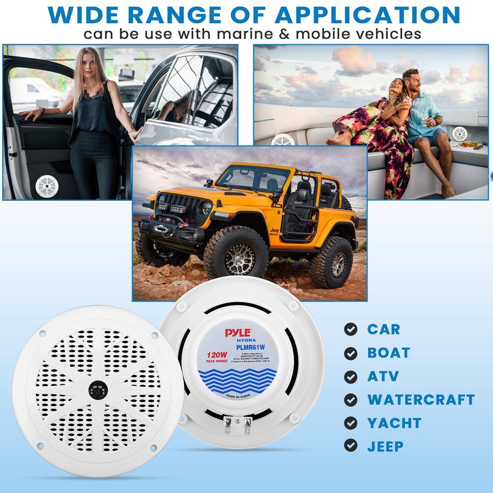 WIDE RANGE OF APPLICATION  
can be use with marine & mobile vehicles  

- CAR  
- BOAT  
- ATV  
- WATERCRAFT  
- YACHT  
- JEEP  

PYLE  
PLMR61W  
120W  
PEAK POWER