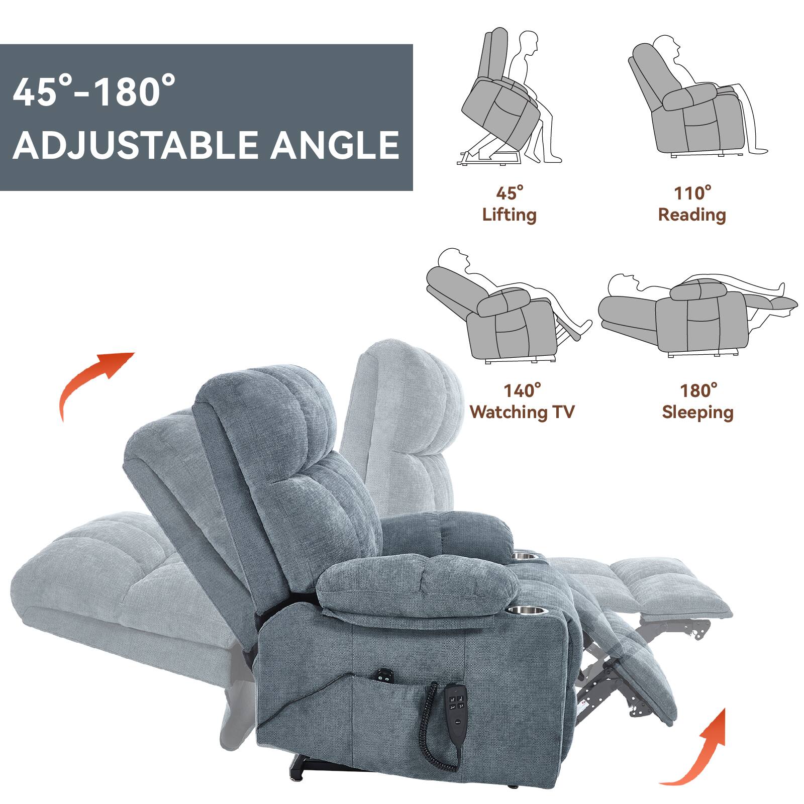 45°-180° Adjustable Angle

45° Lifting  
110° Reading  
140° Watching TV  
180° Sleeping
