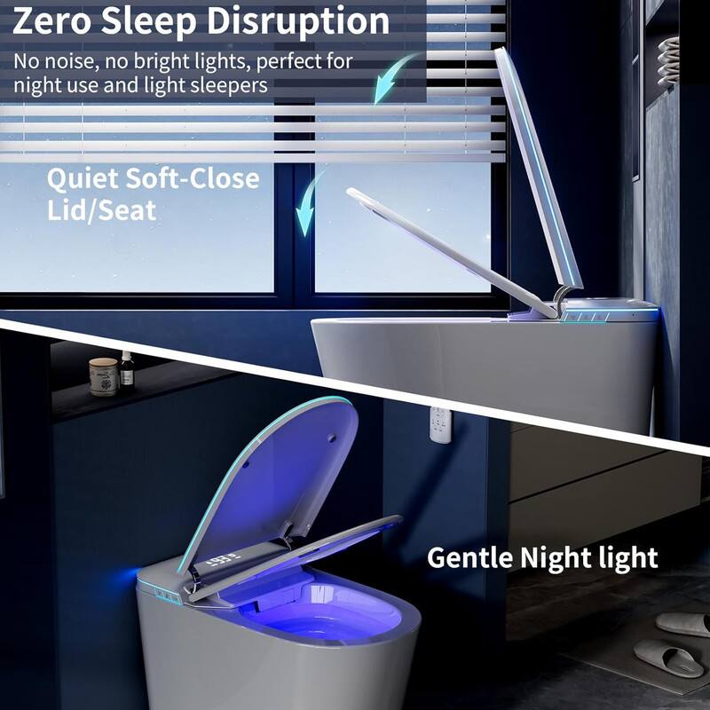 Zero Sleep Disruption  
No noise, no bright lights, perfect for night use and light sleepers  

Quiet Soft-Close Lid/Seat  

Gentle Night light