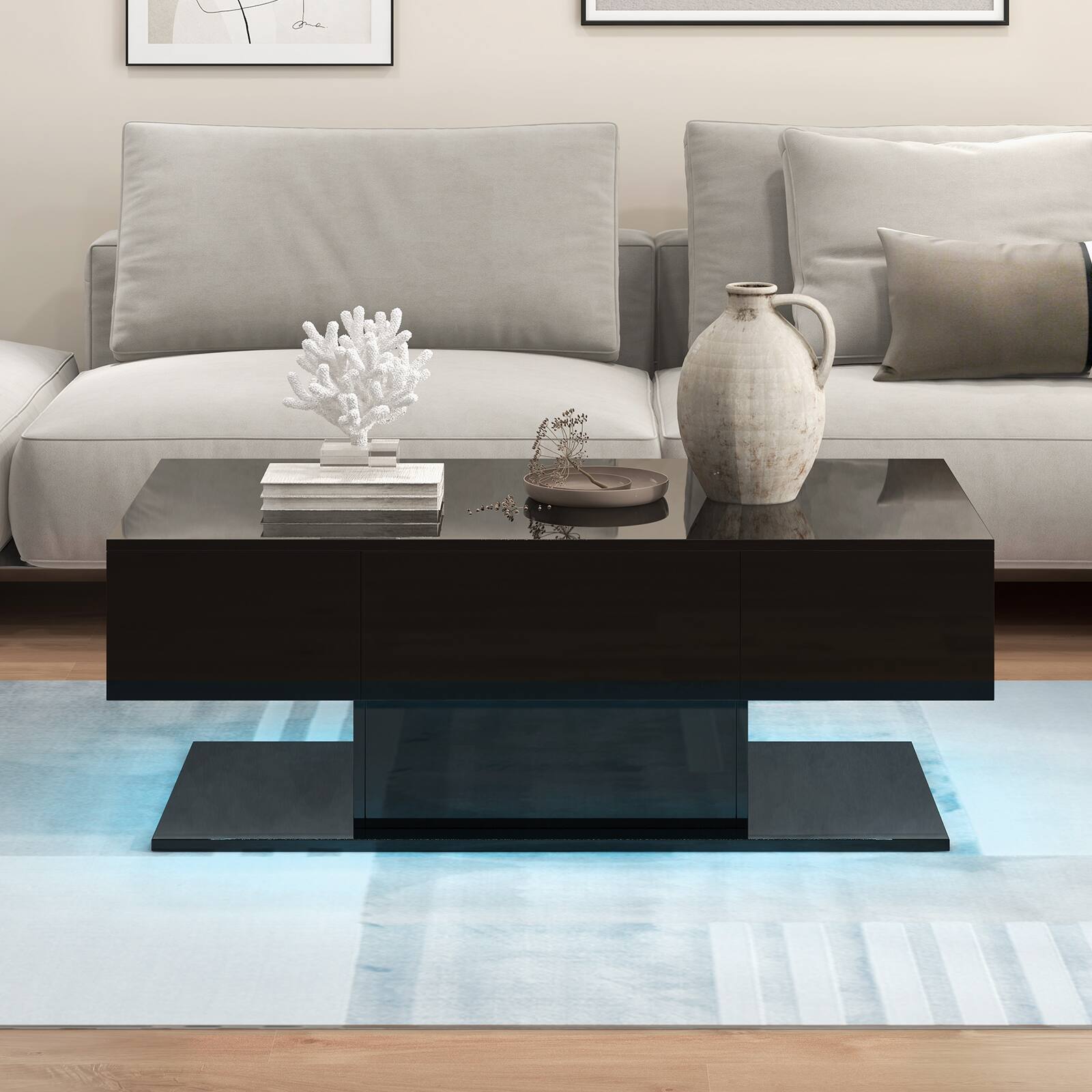 Alt View 1. Ecooso - Modern LED Coffee Table with 20 Color Lights and Dual Storage Drawers, Smart Center Table - Black.