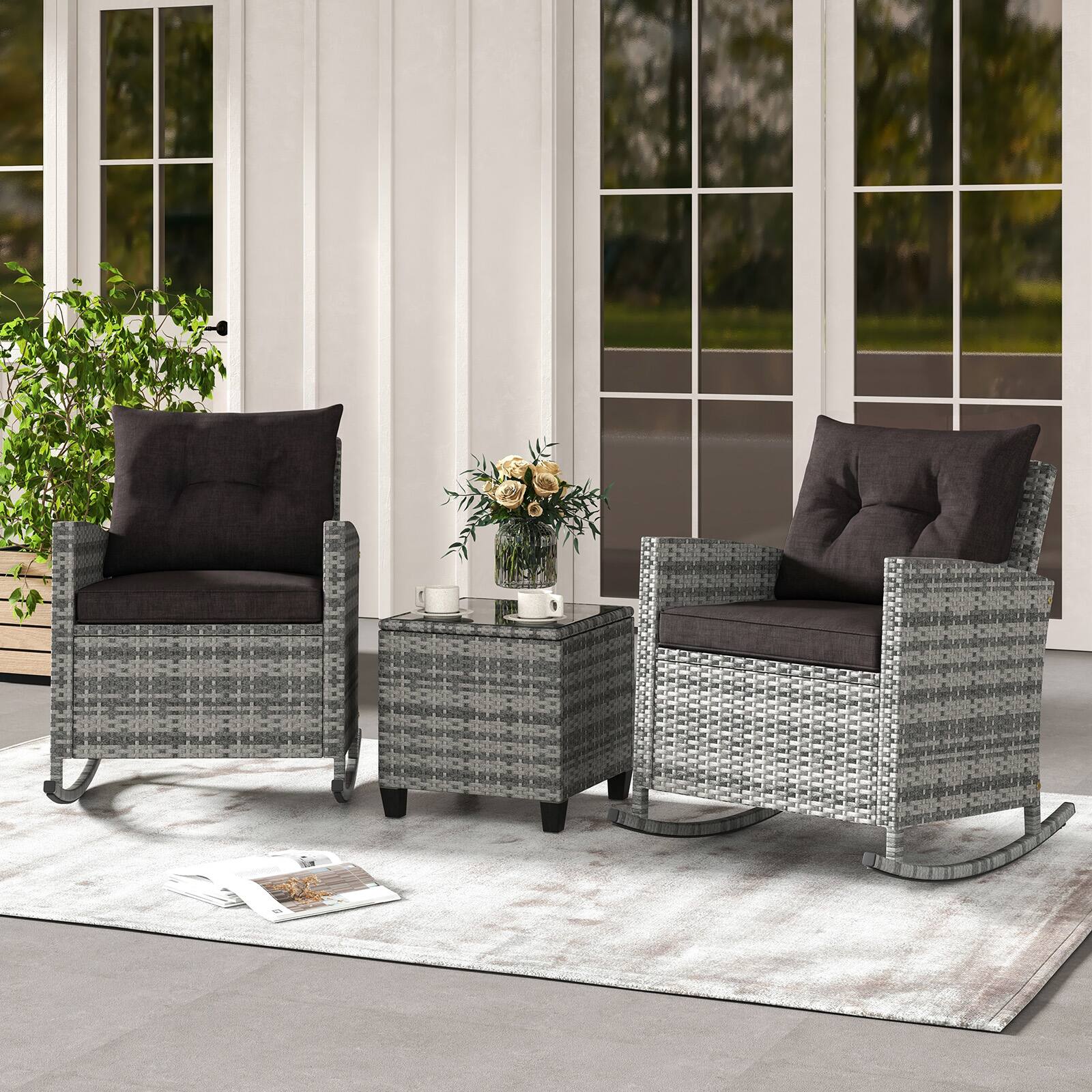 Alt View 4. Costway - Costway 3 PCS Patio Wicker Rocking Set with Tempered Glass Table & Soft Cushions Outdoor - Black, Mix Gray.