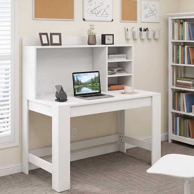 Angle. WELLFOR - 42.5" Computer Desk with Hutch & Power Outlets, Study Desk Writing Desk for Home Office - White.