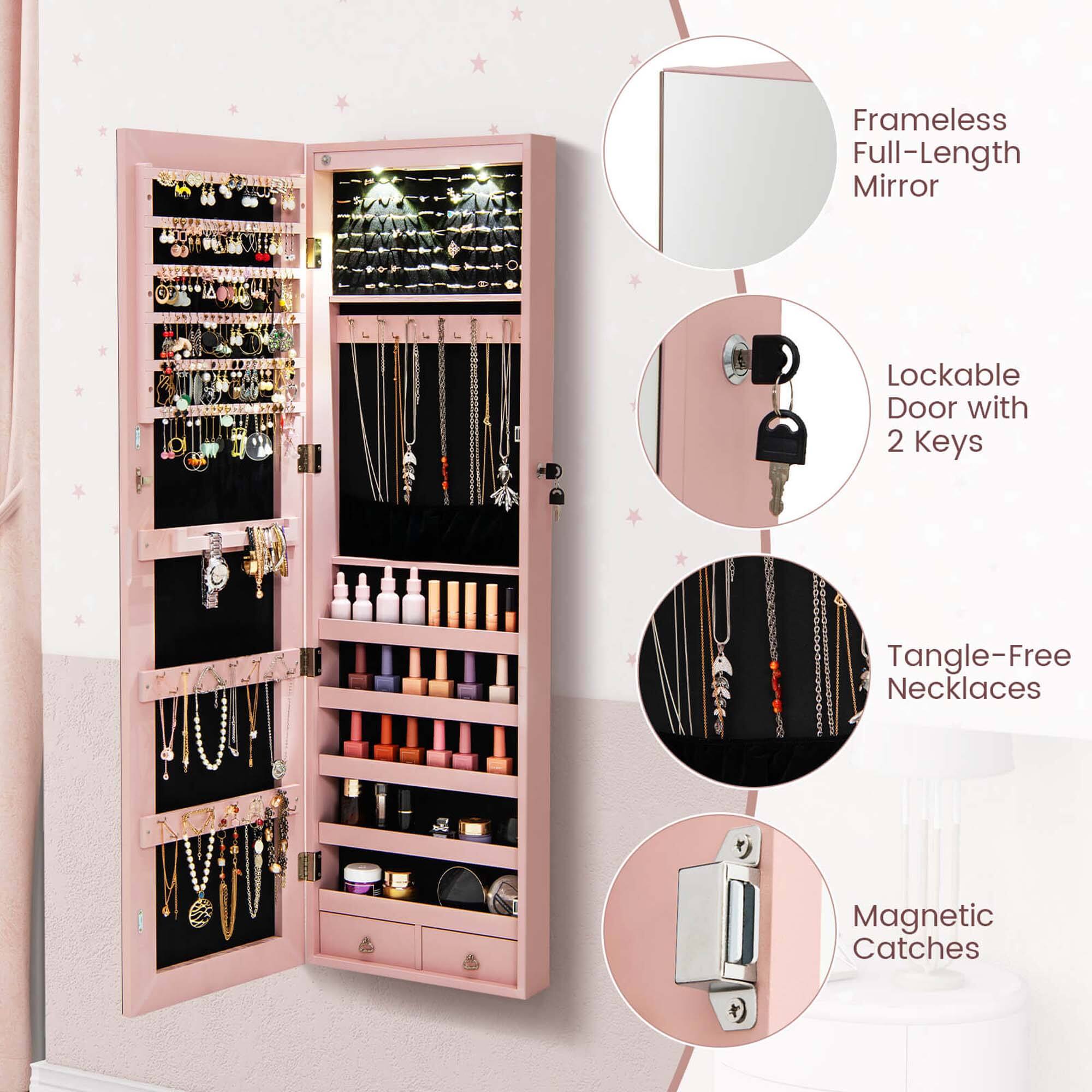 Frameless Full-Length Mirror Lockable Door with 2 Keys Tangle-Free Necklaces Magnetic Catches