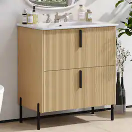 Boyel Living - 30 Inch Bathroom Vanity with Ceramic Sink Full Extension Drawers Soft Close Fluted Design - Natural