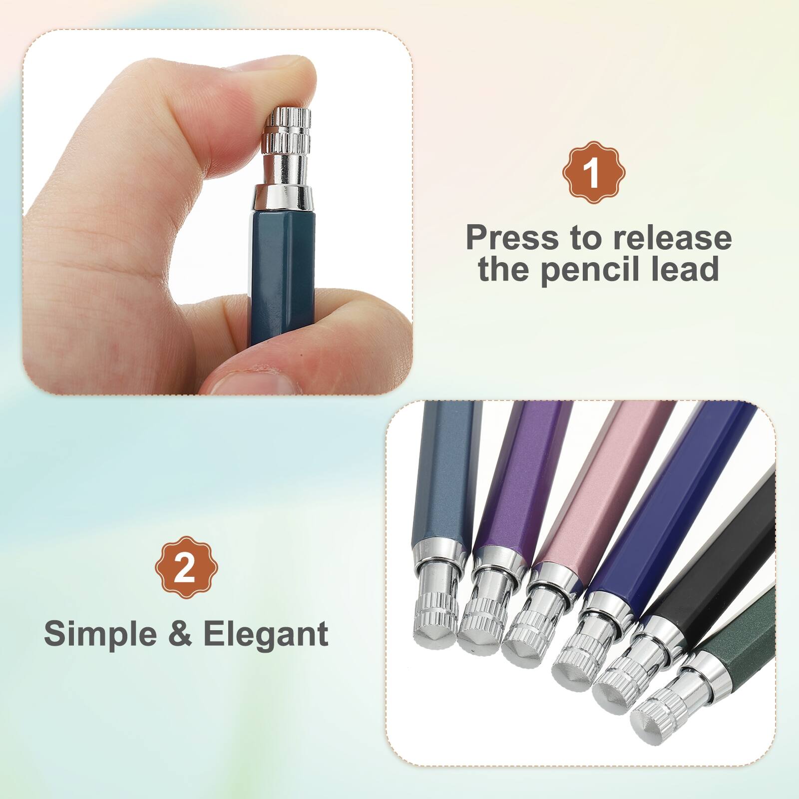 1. Press to release the pencil lead
2. Simple & Elegant