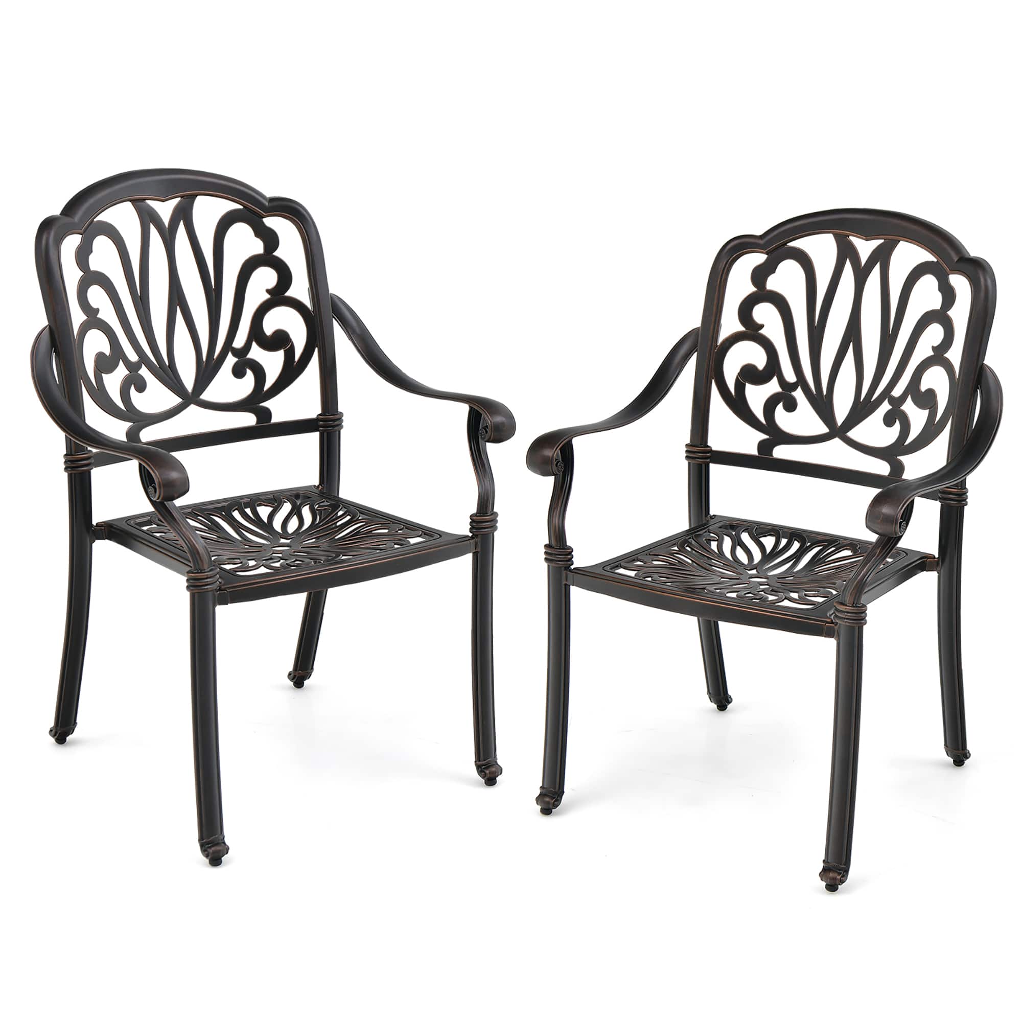 Gymax - 2 Pieces Cast Aluminum Chairs Set of 2 Stackable Patio Dining Chairs w/ Armrests - Bronze