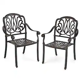Gymax - 2 Pieces Cast Aluminum Chairs Set of 2 Stackable Patio Dining Chairs w/ Armrests - Bronze