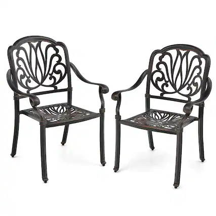 Front. Gymax - Gymax 2 Pieces Cast Aluminum Chairs Set of 2 Stackable Patio Dining Chairs w/ Armrests - Bronze.