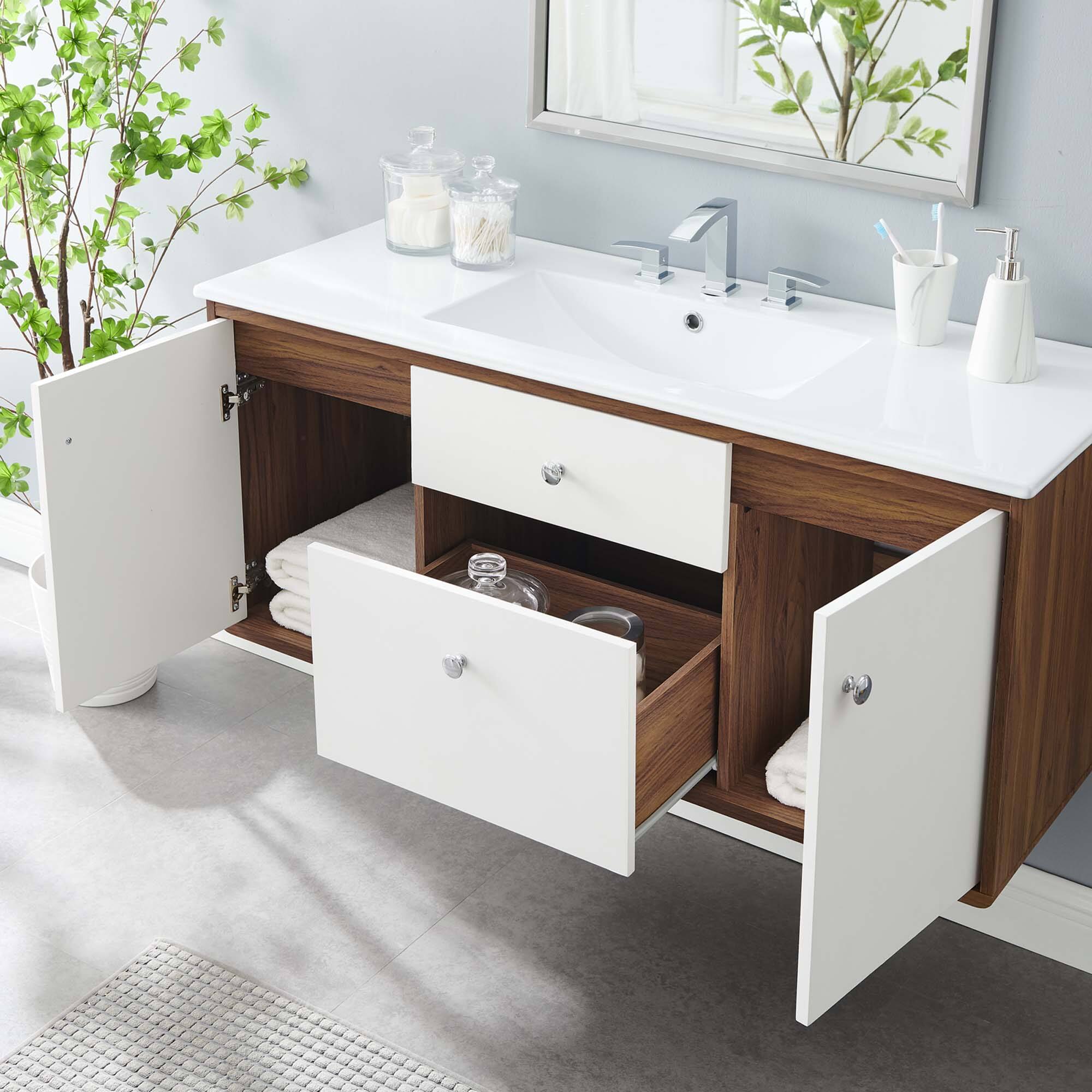 Left. Modway - Transmit Wall-Mount Bathroom Vanity Basin Included - Walnut White.