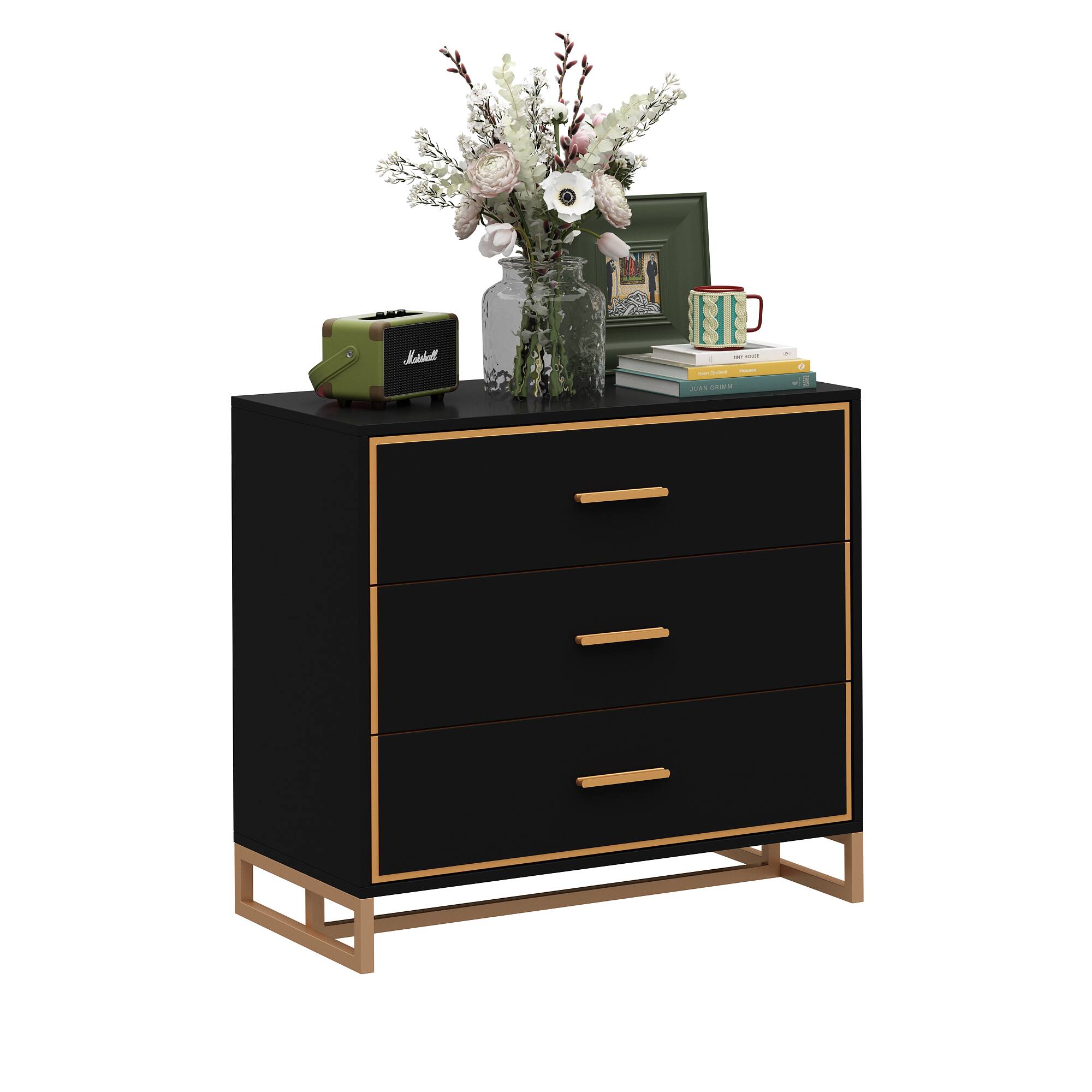 Angle. Famapy - Famapy Modern Nightstand with Gold Accents: 3 - Drawer Storage for Bedroom & Living Space - Black.