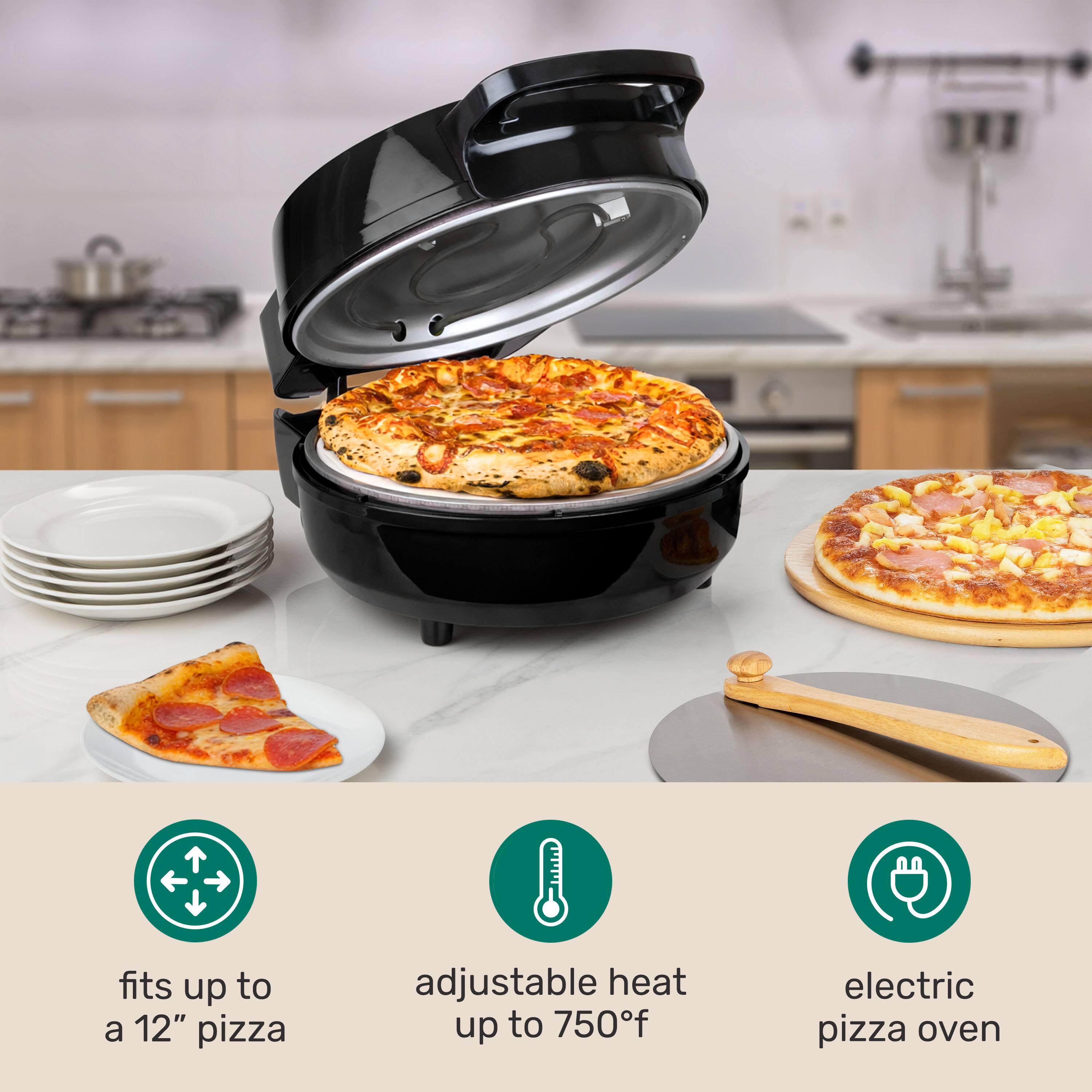 fits up to a 12" pizza adjustable heat up to 750f electric pizza oven
