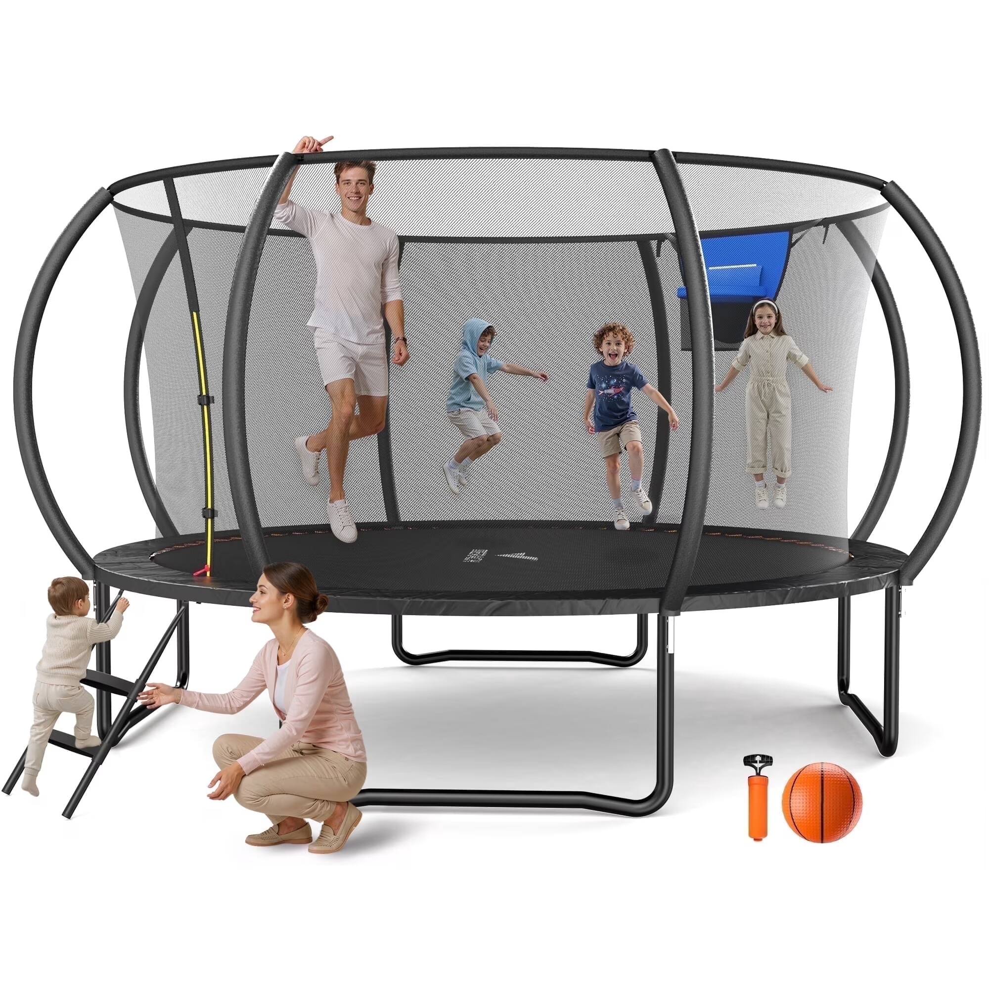 Alt View 4. MERACH - MERACH 14FT Pumpkin Outdoor Trampoline with Safety Enclosure Net,Basketball Hoop, Ladder,Heavy Duty Backyard Trampoline - Black.