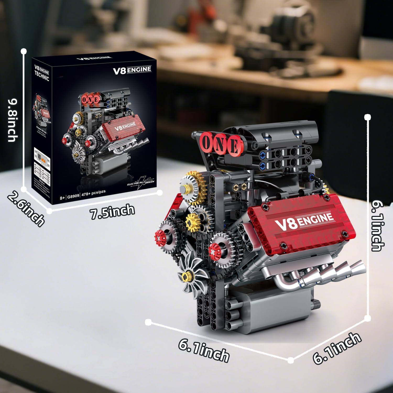 Sure, here is the corrected and grouped text from the image:

---

**V8 ENGINE TECHNIC**

**9.8 inch**

**2.6 inch**

**7.5 inch**

**6.1 inch**

**6.1 inch**

**6.1 inch**

**6.1 inch**

**ONE**

**V8 ENGINE**

**478+ pcs/pzs**

**LEGO 40997**

---

This text includes the dimensions, the "ONE" logo, the "V8 ENGINE" label, and the LEGO set information.