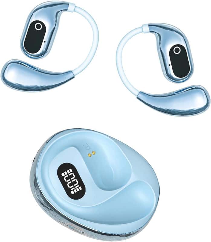 SKRAN - Ear-Hook Wireless Bluetooth Headphones, Waterproof, Long Battery Life, LED Display - for Running, Gym, Commuting - Blue