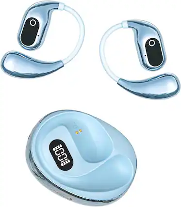 Front. SKRAN - Ear-Hook Wireless Bluetooth Headphones, Waterproof, Long Battery Life, LED Display - for Running, Gym, Commuting - Blue.