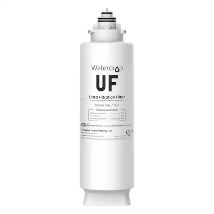 Waterdrop UF Ultra Filtration Filter
Model: WD-TSUF
Operating Specifications
Operating temperature: 41-100°F
Working pressure: 143-87 psi
Feed water requirement: Municipal tap water
NOTE: Please refer to the user manual for detailed filter instructions.
Qingdao Ecopure Filter Co., Ltd.
Tel: +86 532 8222-0000
Email: service@waterdropfilter.com
Address: No. 11, Yuhuang Road, Qingdao, China
Made in China
EPA No. 9510-CHN-1
24/7