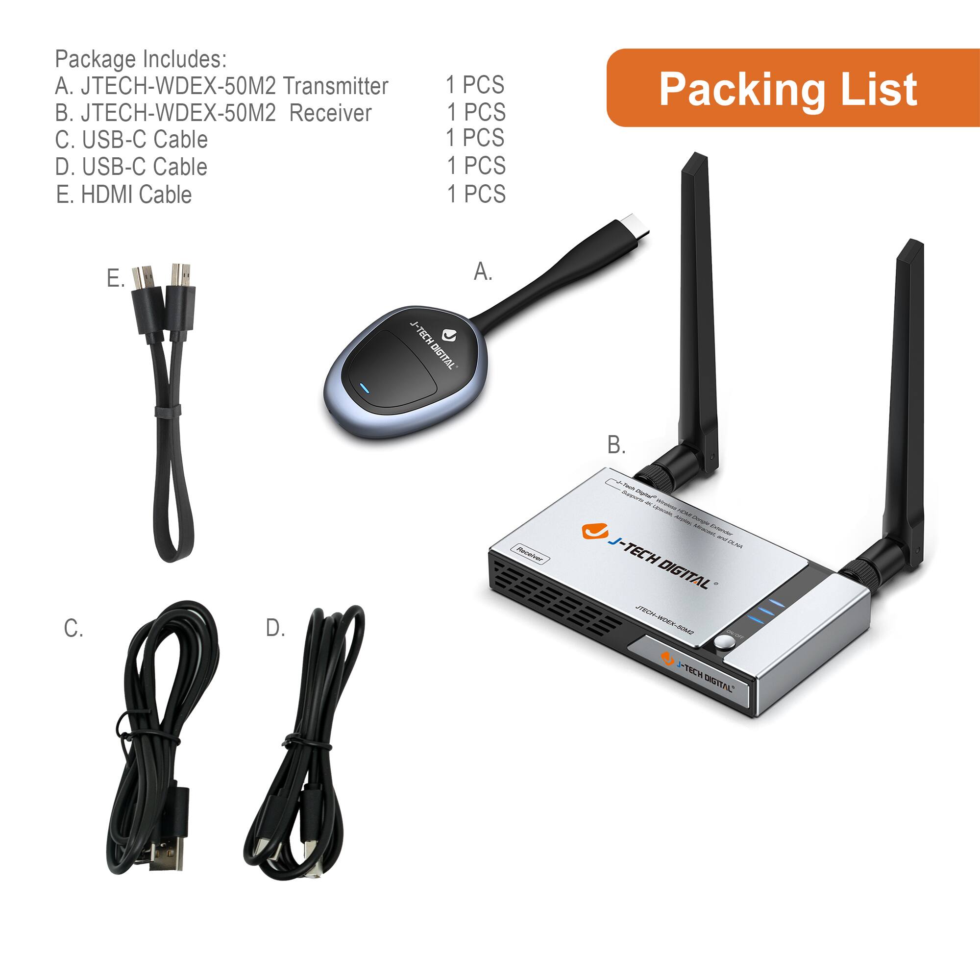 Package Includes:
A. JTECH-WDEX-50M2 Transmitter
B. JTECH-WDEX-50M2 Receiver
C. USB-C Cable
D. USB-C Cable
E. HDMI Cable

Packing List
1 PCS
1 PCS
1 PCS
1 PCS
1 PCS

E. A. B. C. D.