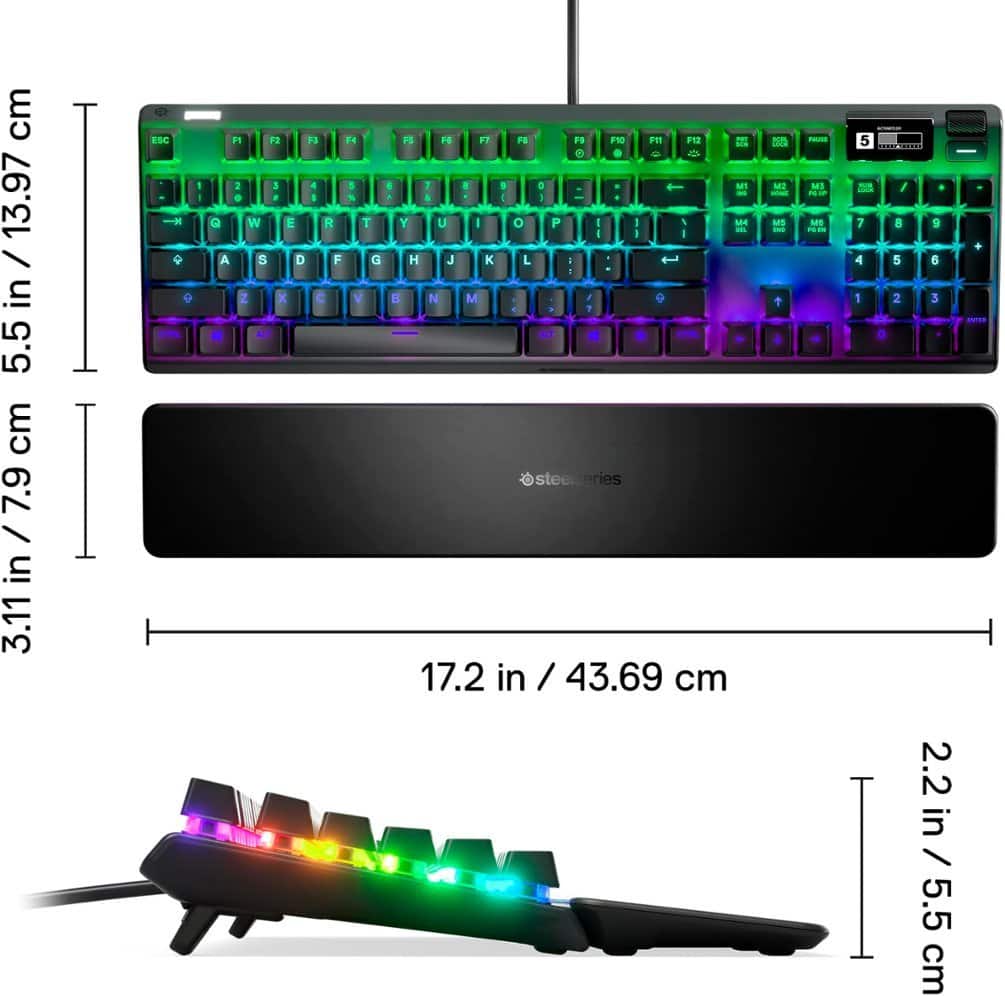 The image shows a keyboard and a mouse, with the keyboard being 17.2 inches (43.69 cm) in length. The keyboard has a colorful design, featuring a rainbow pattern. The mouse is placed next to the keyboard, and it is also colorful, complementing the keyboard's design. The keyboard and mouse are both illuminated, adding to their vibrant appearance.