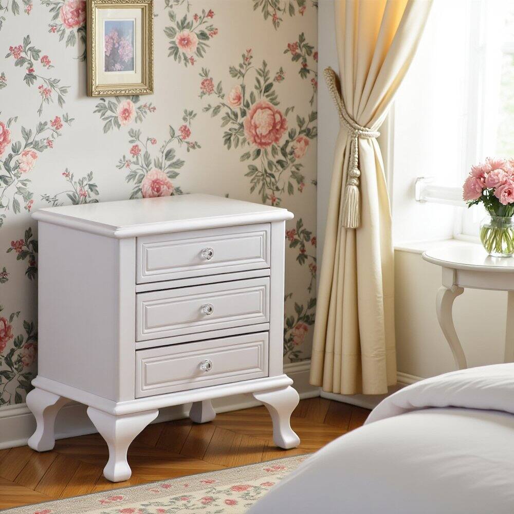 Angle. FurniFact - White Vintage 3-Drawer Nightstand with Acrylic Knobs - White.
