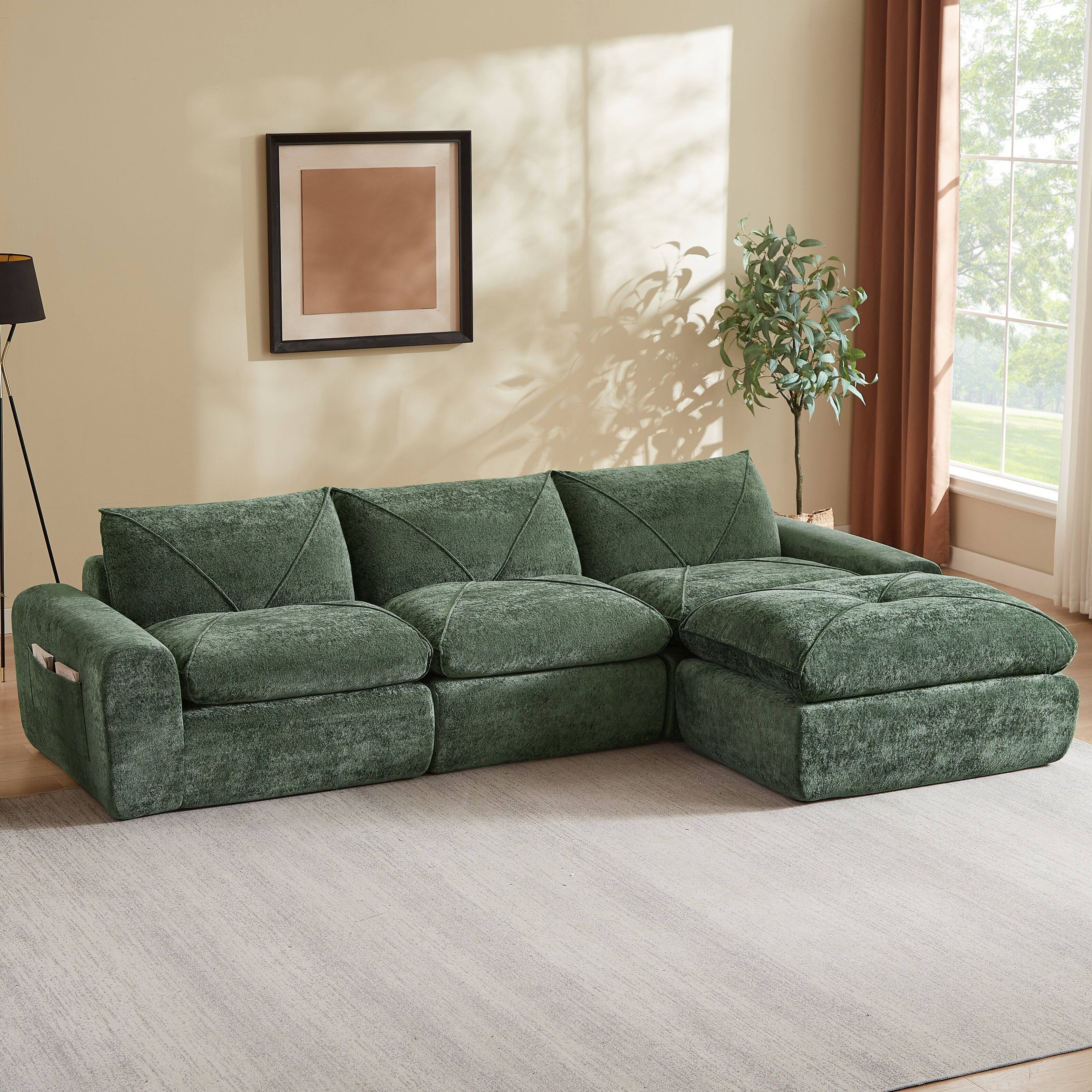 Left. Loheer - Loheer Chenille Sectional Sofa with Ottoman Modern Minimalist Couch Spacious Living Room Furniture - Green.