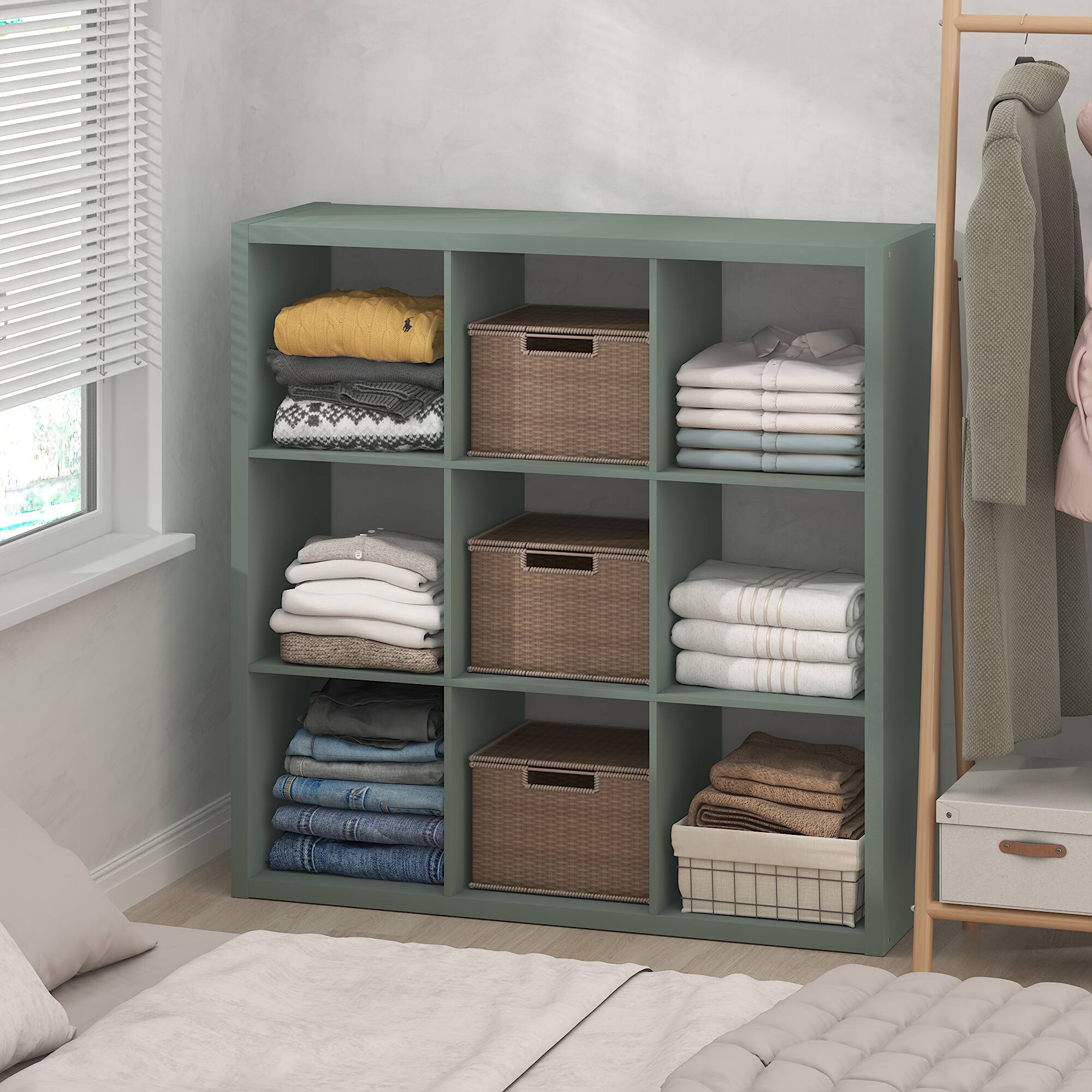 Alt View 1. Furinno - CUBIC Closet Organizers, 9-Cube Open Closet Organizer, Extra Thick Frame, for Wardrobe, Bedroom, Living Room - Sage Green.