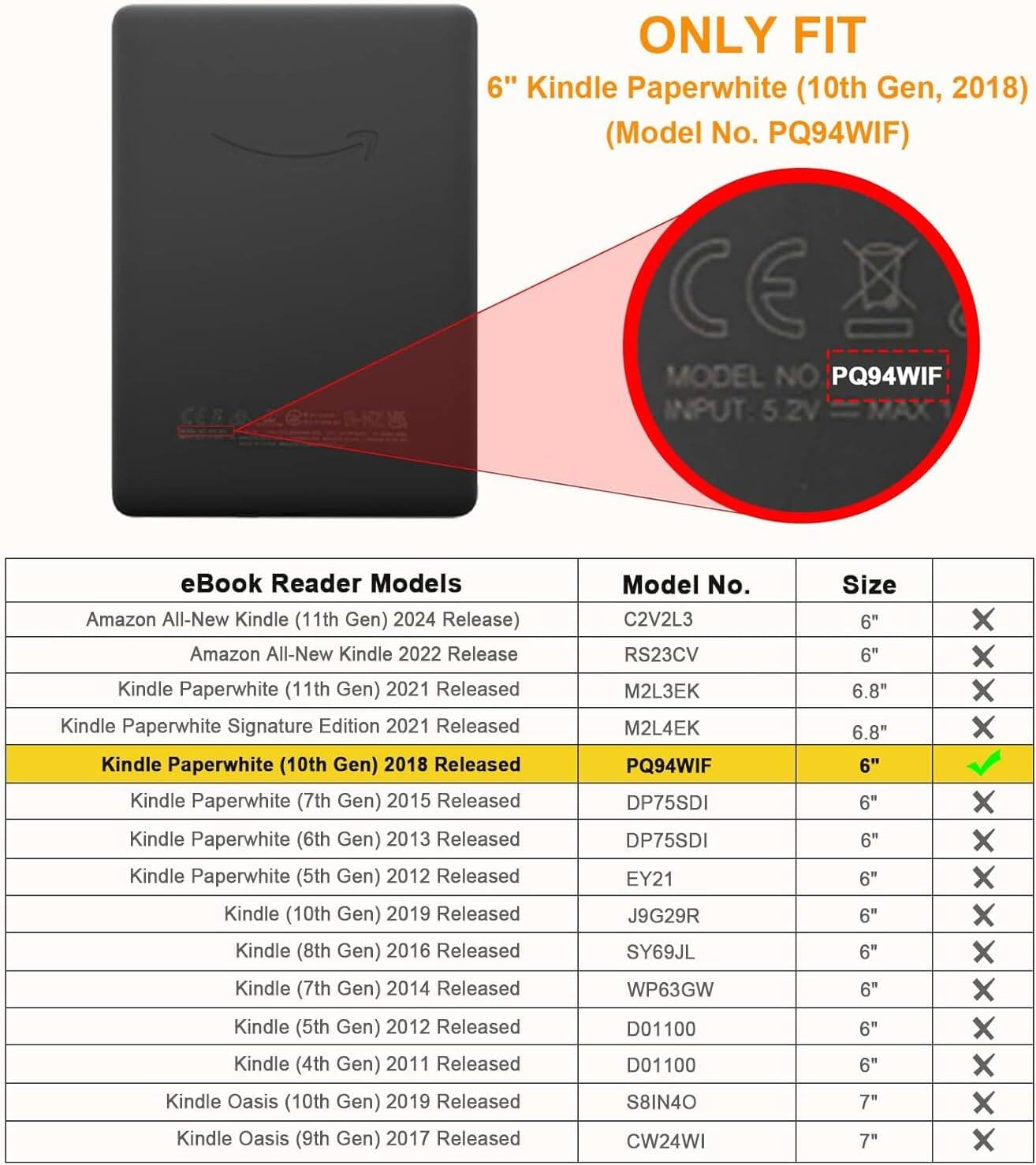 ONLY FIT 6" Kindle Paperwhite (10th Gen, 2018) (Model No. PQ94WIF)

CEX MODEL NO PQ94WIF 2V

eBook Reader Models
- Amazon All-New Kindle (11th Gen) 2024 Release
- Amazon All-New Kindle 2022 Release
- Kindle Paperwhite (11th Gen) 2021 Released
- Kindle Paperwhite Signature Edition 2021 Released
- Kindle Paperwhite (10th Gen) 2018 Released
- Kindle Paperwhite (7th Gen) 2015 Released
- Kindle Paperwhite (6th Gen) 2013 Released
- Kindle Paperwhite (5th Gen) 2012 Released
- Kindle (10th Gen) 2019 Released
- Kindle (8th Gen) 2016 Released
- Kindle (7th Gen) 2014 Released
- Kindle (5th Gen) 2012 Released
- Kindle (4th Gen) 2011 Released
- Kindle Oasis (10th Gen) 20