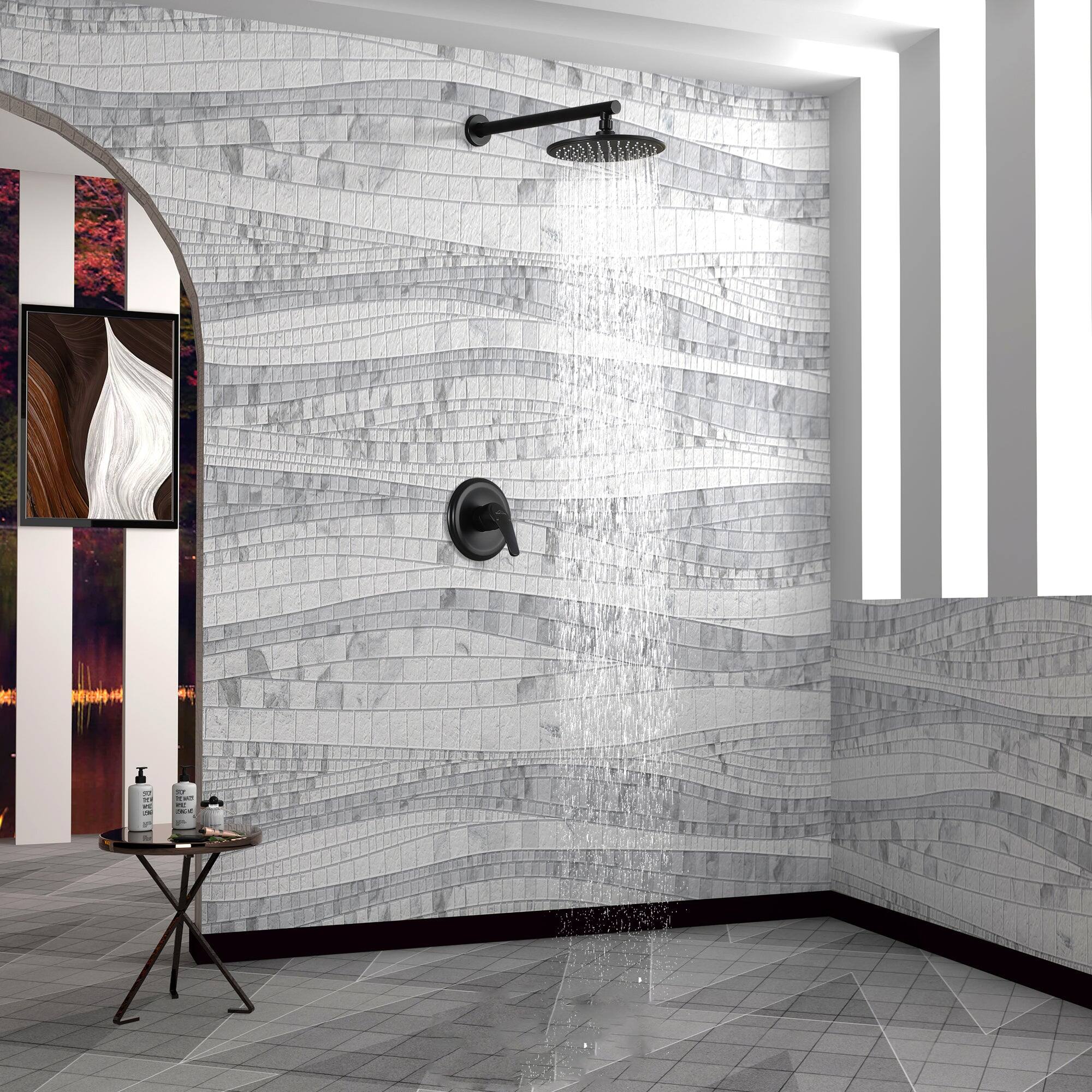 Alt View 3. Boyel Living - 1-Spray Patterns with 3.4 GPM 9 in. Wall Mount Rain Fixed Shower Head with Single Lever Handle and Valve in Matte Black - Matte Black.