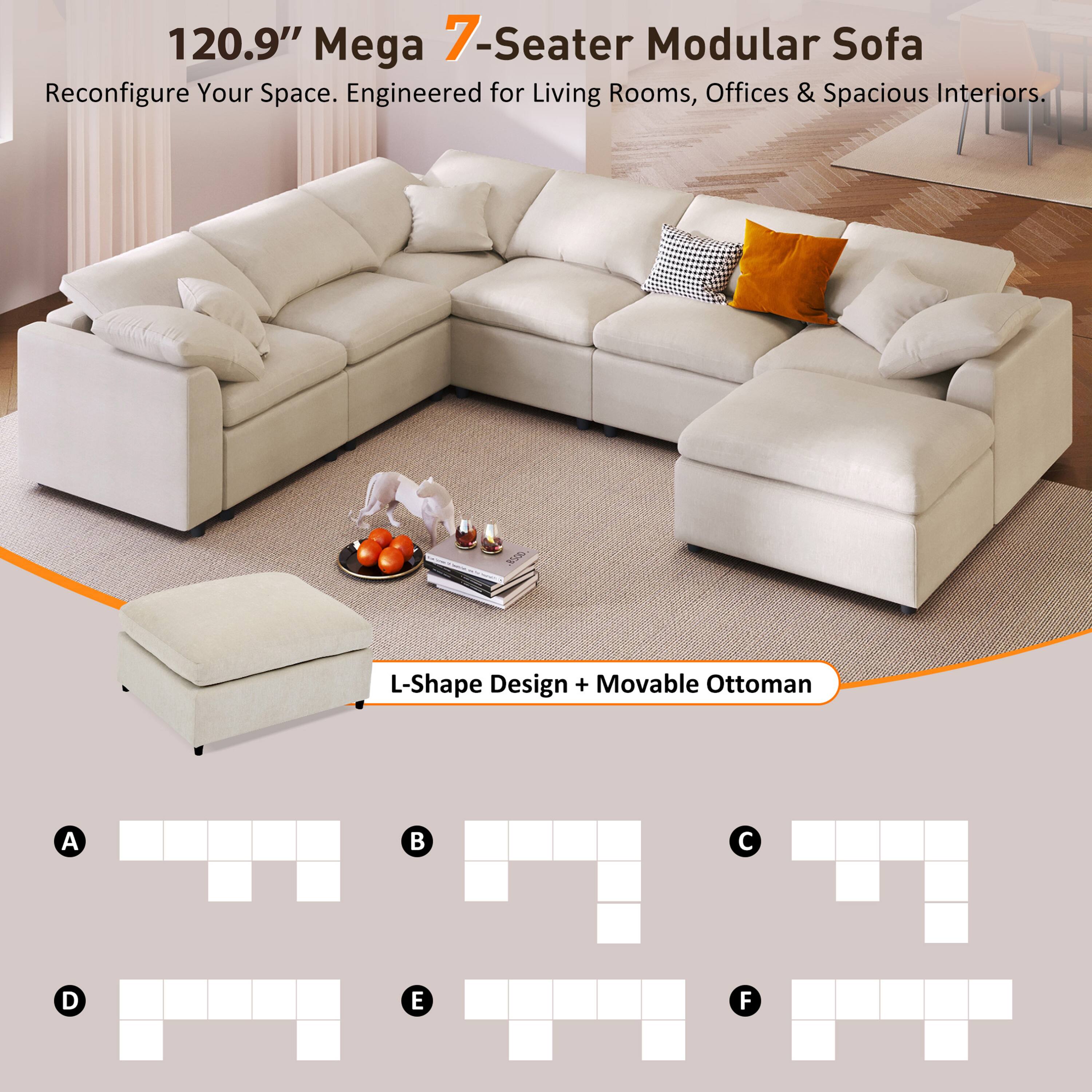 120.9" Mega 7-Seater Modular Sofa  
Reconfigure Your Space. Engineered for Living Rooms, Offices & Spacious Interiors.  
L-Shape Design + Movable Ottoman  

A  
B  
C  
D  
E  
F