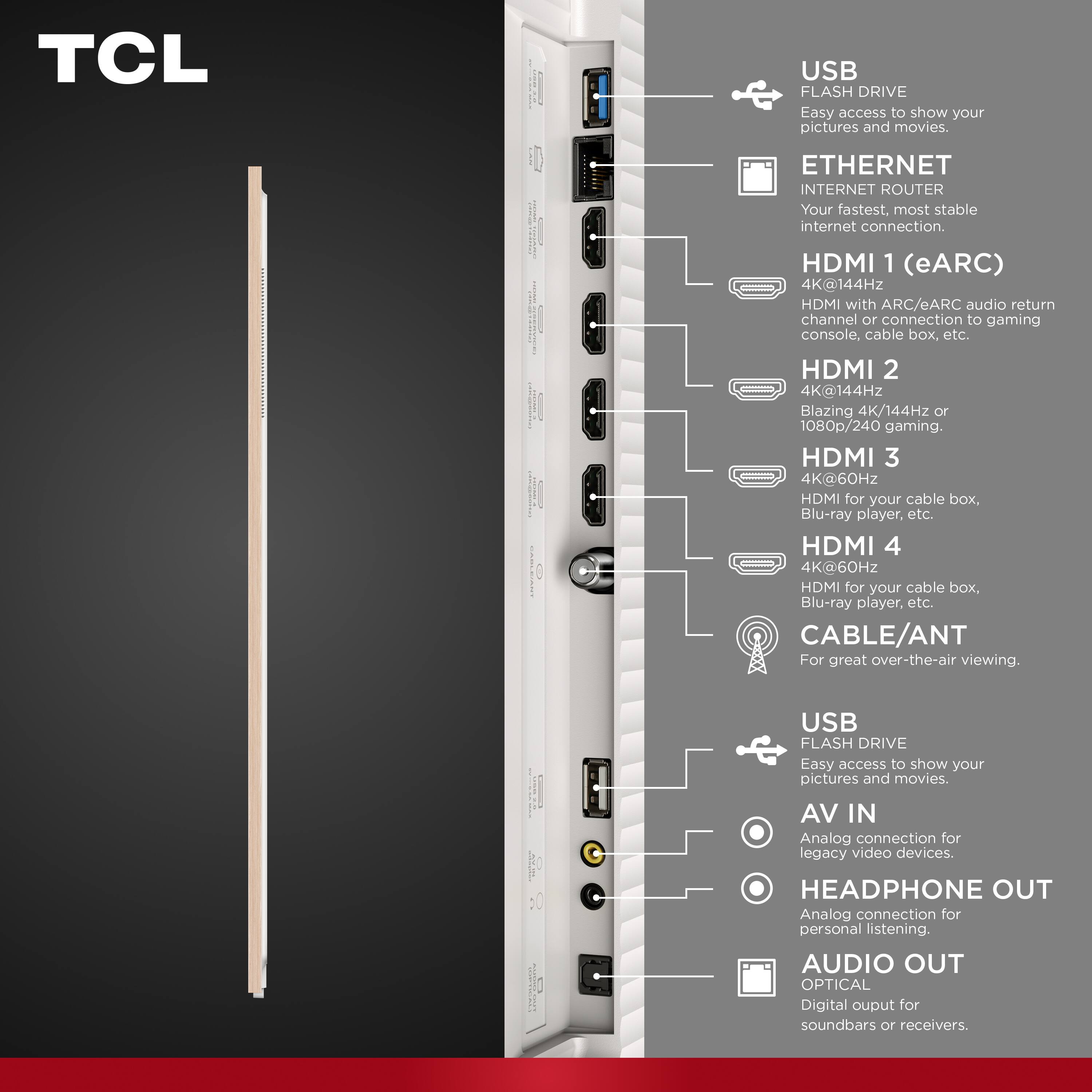 TCL

USB FLASH DRIVE
Easy access to show your pictures and movies.

ETHERNET INTERNET ROUTER
Your fastest, most stable internet connection.

HDMI 1 (eARC)
4K@144Hz HDMI with ARC/eARC audio return channel or connection to gaming console, cable box, etc.

HDMI 2
4K@144Hz Blazing 4K/144Hz or 1080p/240 gaming.

HDMI 3
4K@60Hz HDMI for your cable box, Blu-ray player, etc.

HDMI 4
4K@60Hz HDMI for your cable box, Blu-ray player, etc.

CABLE/ANT
For great over-the-air viewing.

USB FLASH DRIVE
Easy access to show your pictures and movies.

AV IN
Analog connection for legacy video devices.

HEADPHONE OUT
Analog connection for personal listening.

AUDIO OUT OPTICAL
Digital output for soundbars or receivers.