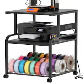 Aheaplus - Heavy Duty Rolling 3D Printer Stand with Power Outlet & Filament Storage - 3-Tier Lockable Cart for Home Office - Black