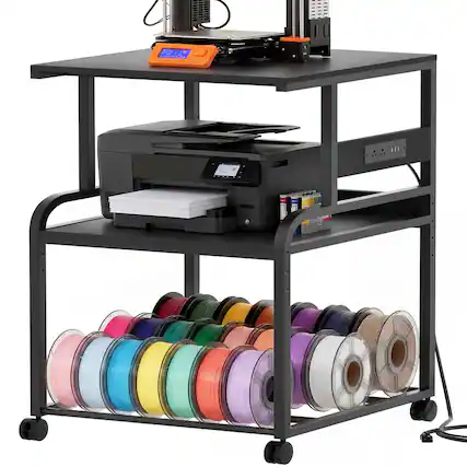 Front. Aheaplus - Heavy Duty Rolling 3D Printer Stand with Power Outlet & Filament Storage - 3-Tier Lockable Cart for Home Office - Black.