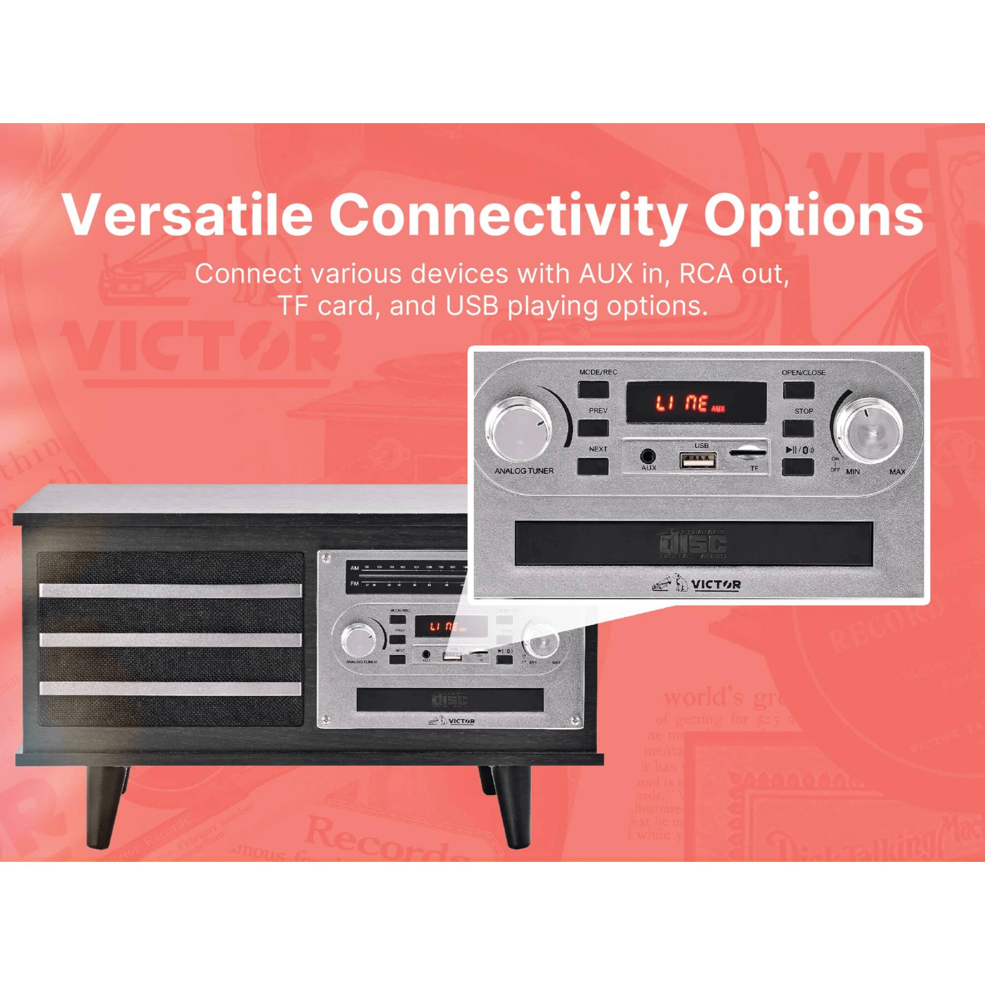 Versatile Connectivity Options  
Connect various devices with AUX in, RCA out, TF card, and USB playing options.