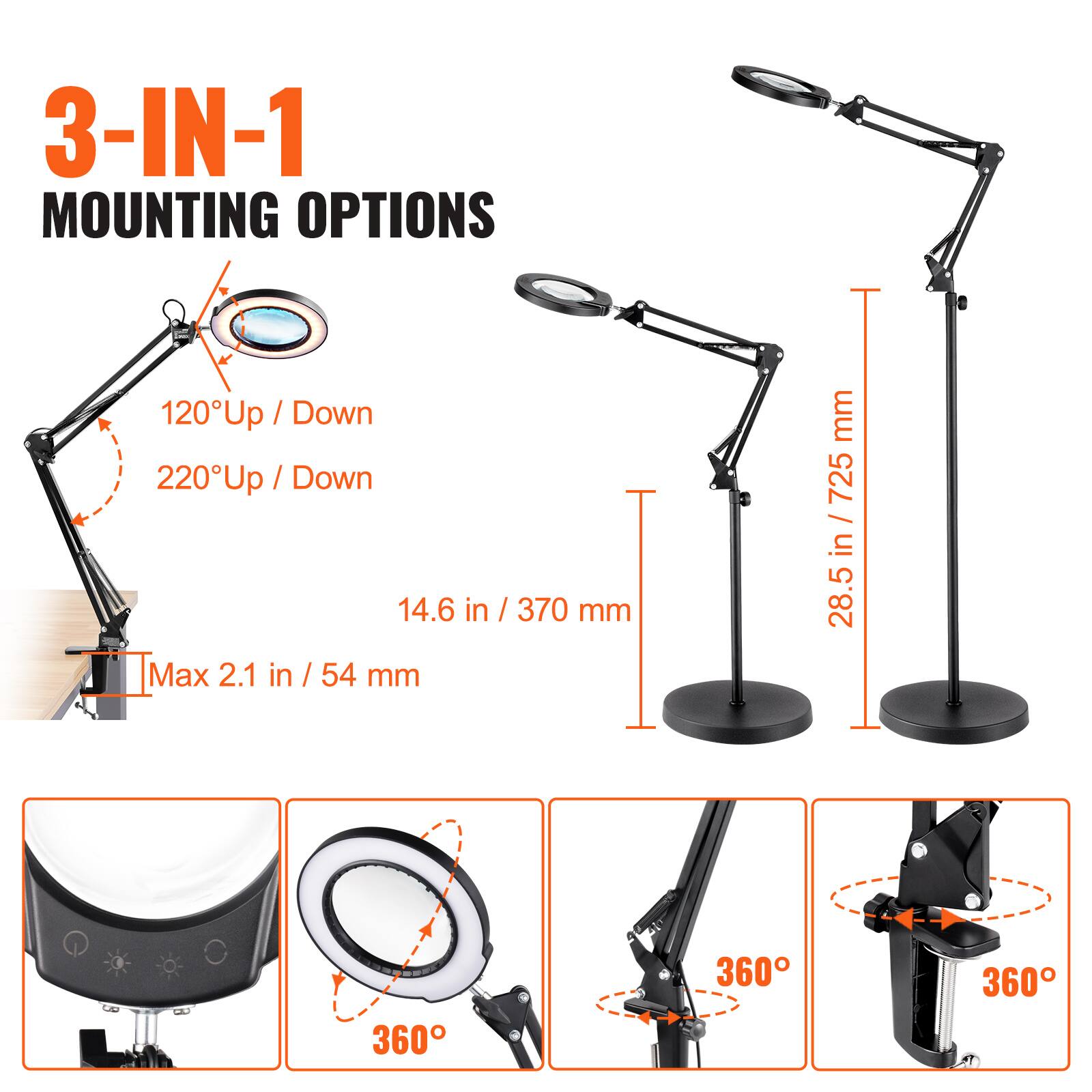 3-IN-1 MOUNTING OPTIONS

120° Up / Down  
220° Up / Down  

14.6 in / 370 mm  
Max 2.1 in / 54 mm  

28.5 in / 725 mm  

360°  
360°  
360°