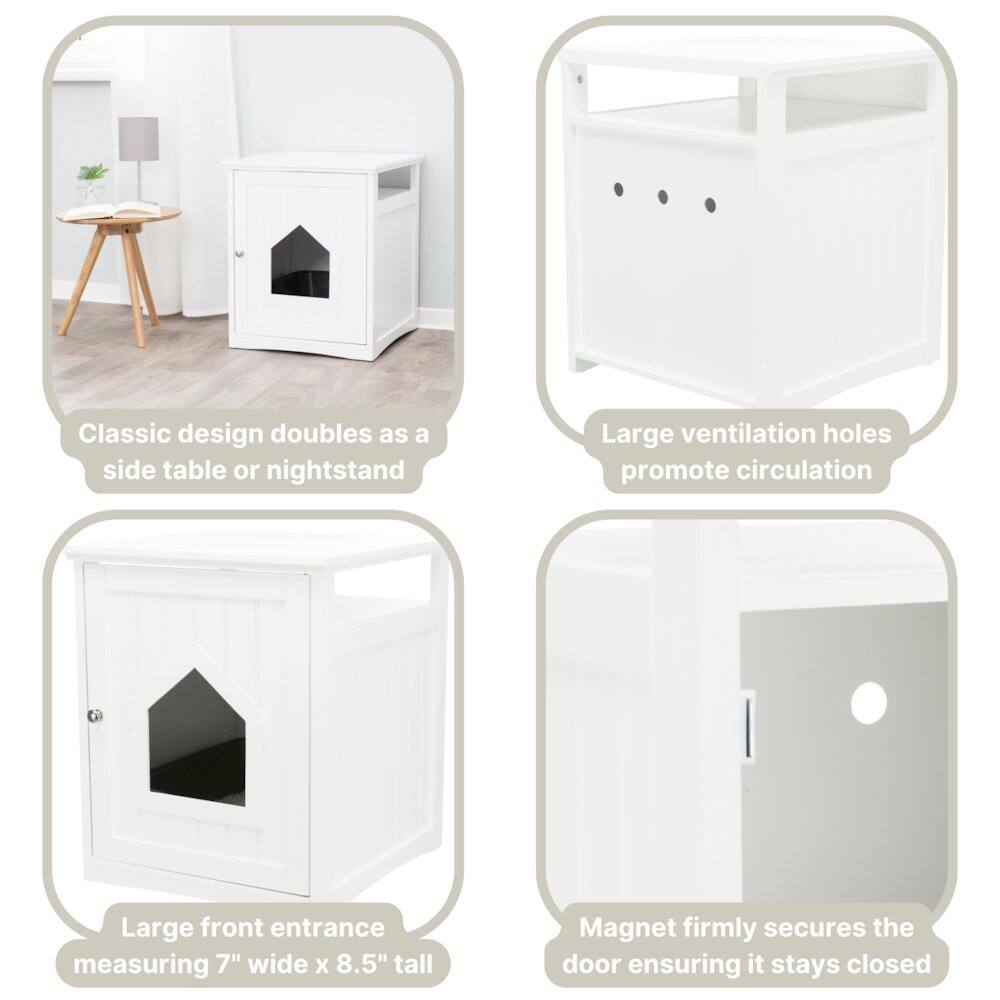 Classic design doubles as a side table or nightstand  
Large ventilation holes promote circulation  
Large front entrance measuring 7" wide x 8.5" tall  
Magnet firmly secures the door ensuring it stays closed
