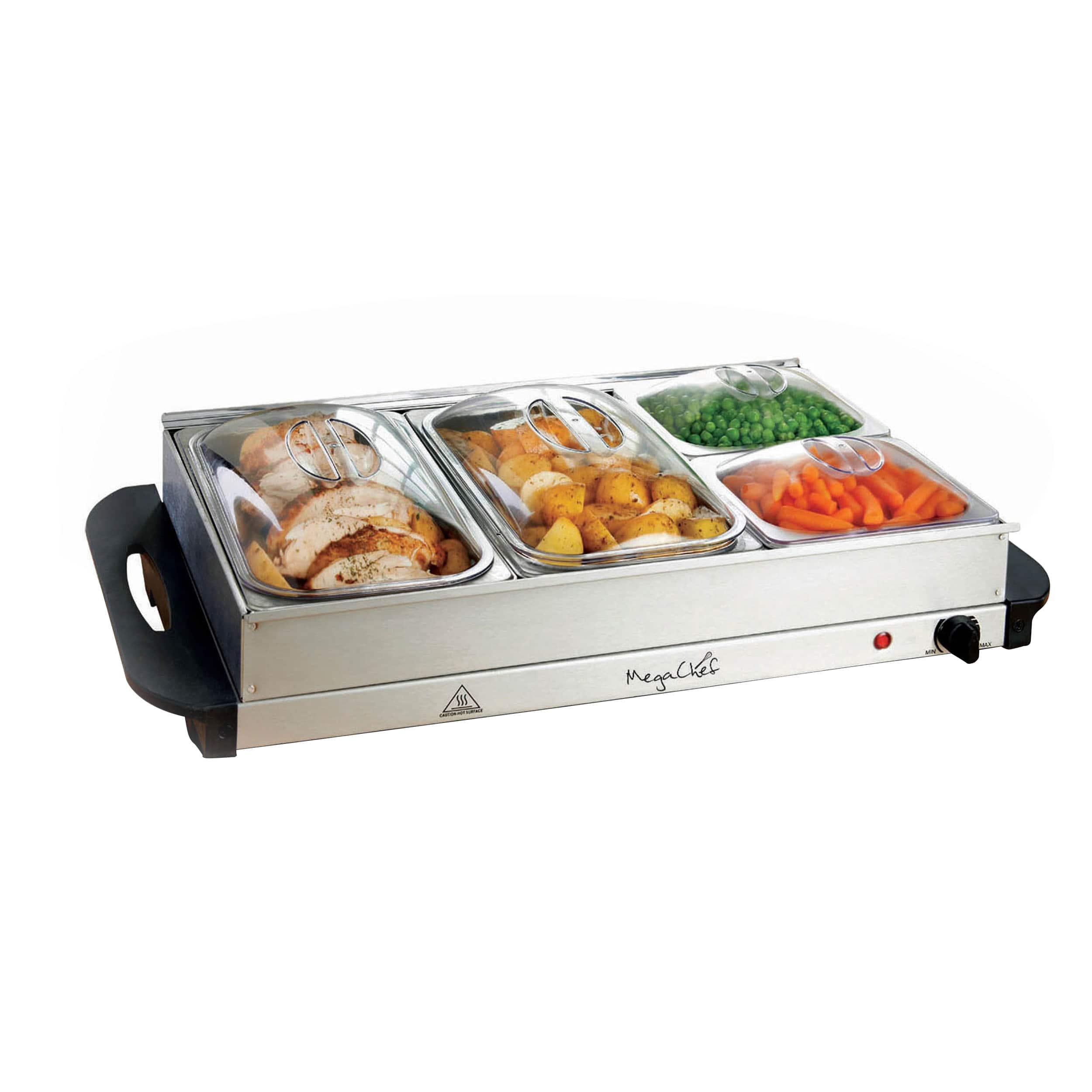 MegaChef - Buffet Server & Food Warmer With 4 Removable Sectional Trays , Heated Warming Tray and Removable Tray Frame - Silver