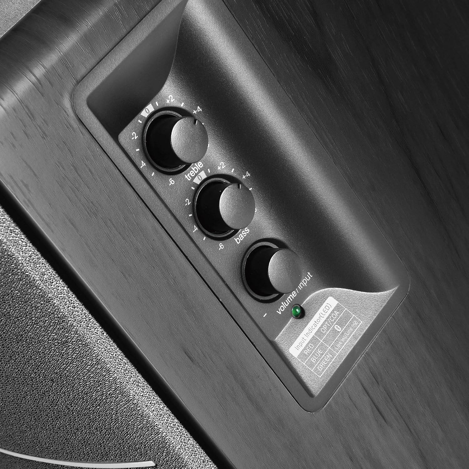 - Treble: -6 -4 -2 0 +2 +4 +6
- Bass: -6 -4 -2 0 +2 +4 +6
- Volume/Input: -6 -4 -2 0 +2 +4 +6

Input Indicator (LED)
OPT/COA COA PT 0 hnm2 input RED tpc e BLUE GREEN