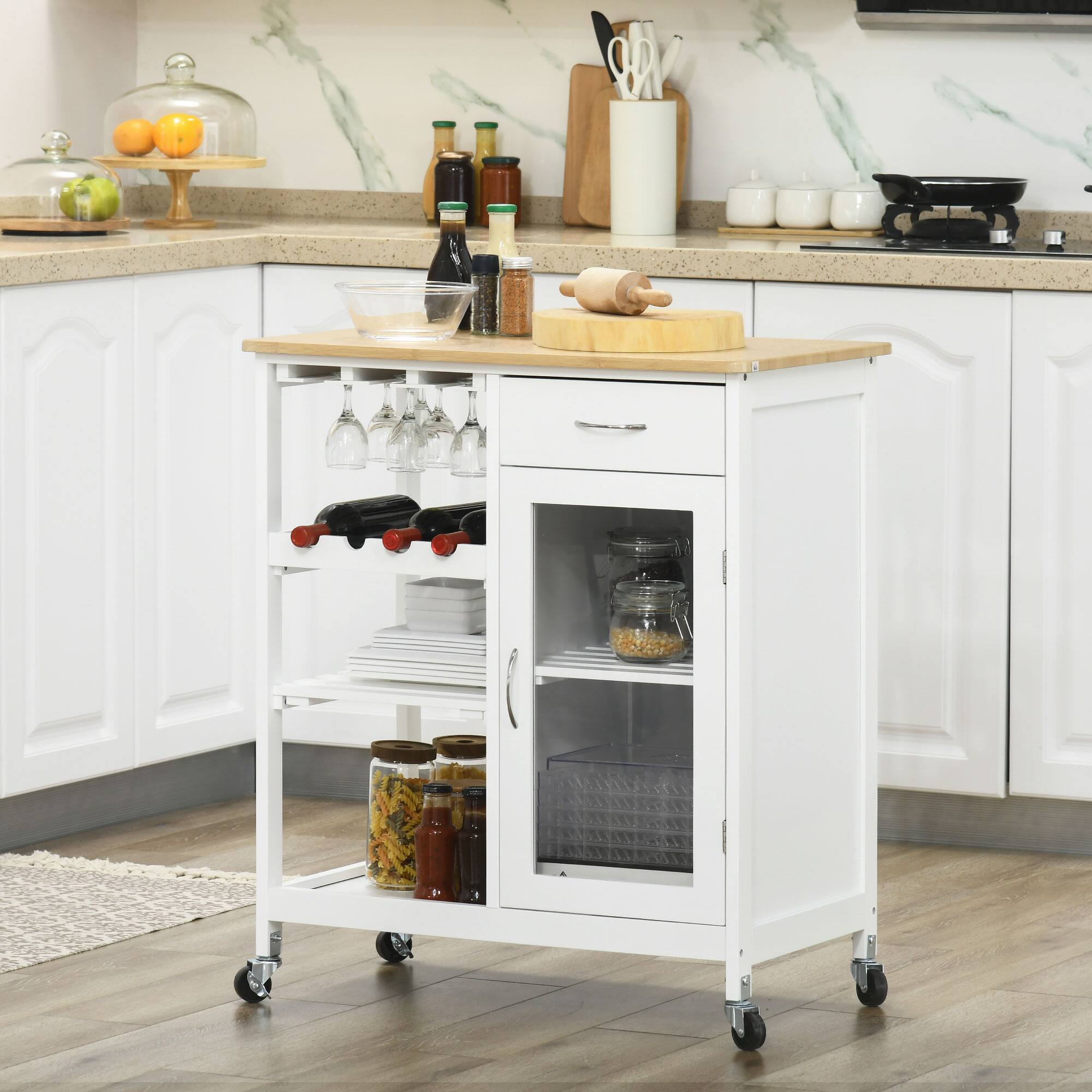 Alt View 1. Durhand - Rolling Kitchen Island with Storage, 4-Bottle Wine Rack, Bar Cart with Stemware Holder, Shelves, Drawer & Cabinet - white.