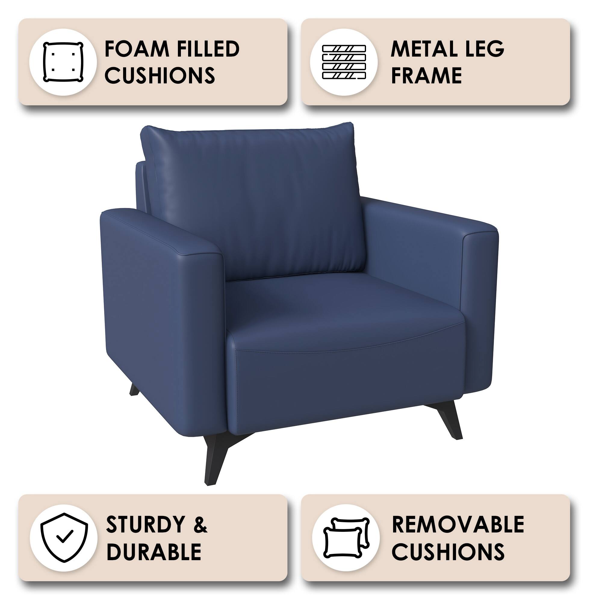 FOAM FILLED CUSHIONS  
METAL LEG FRAME  
STURDY & DURABLE  
REMOVABLE CUSHIONS