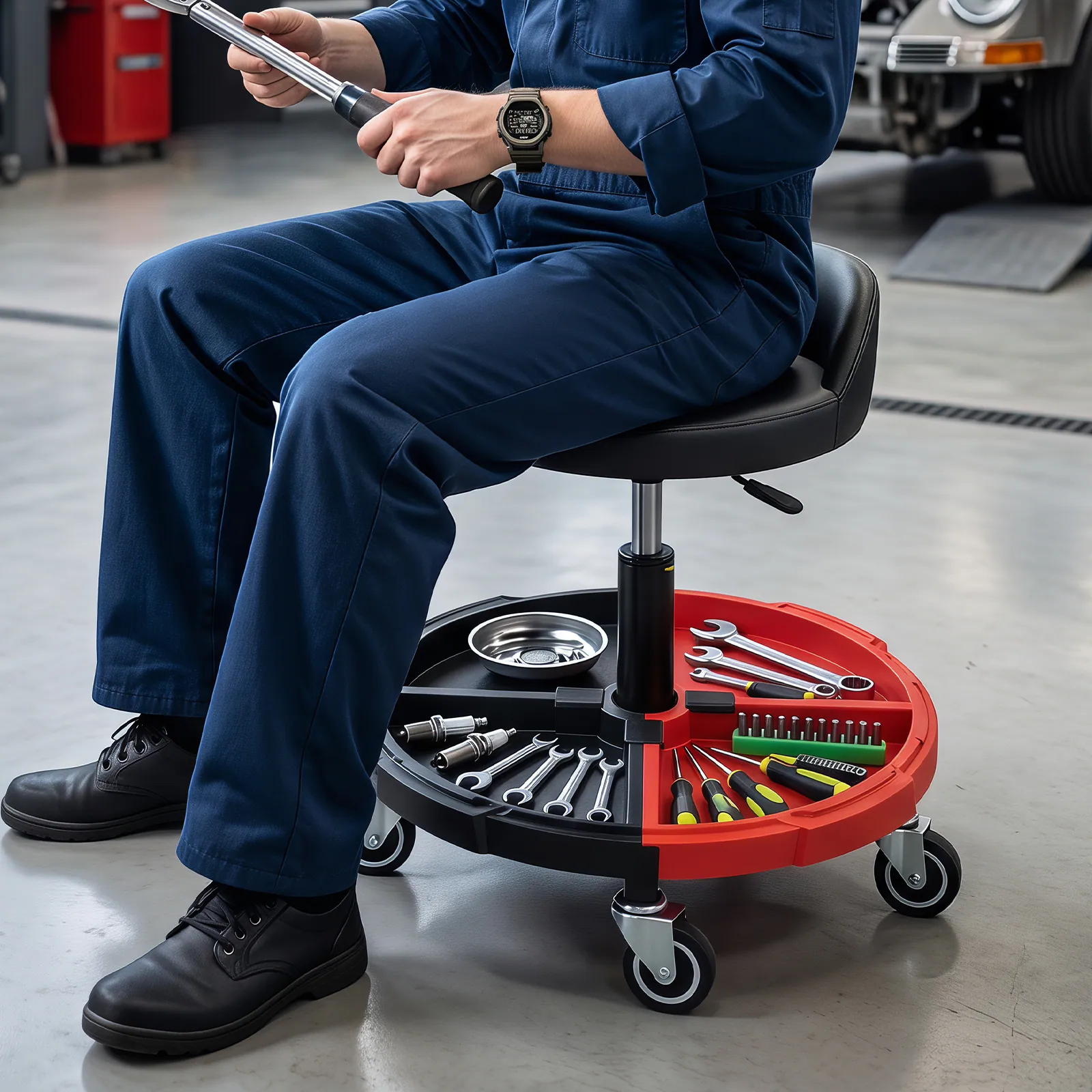 Alt View 3. Costway - Ironmax 360° Rolling Mechanic Stool with Tool Storage Tray, Backrest, Lockable Wheels one-Tier - Red 1 Tray.