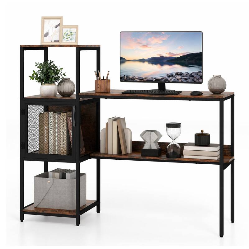 Alt View 4. WELLFOR - 51" Industrial Computer Desk with Bookshelf, Home Office Desk with Storage Shelves - Rustic Brown.