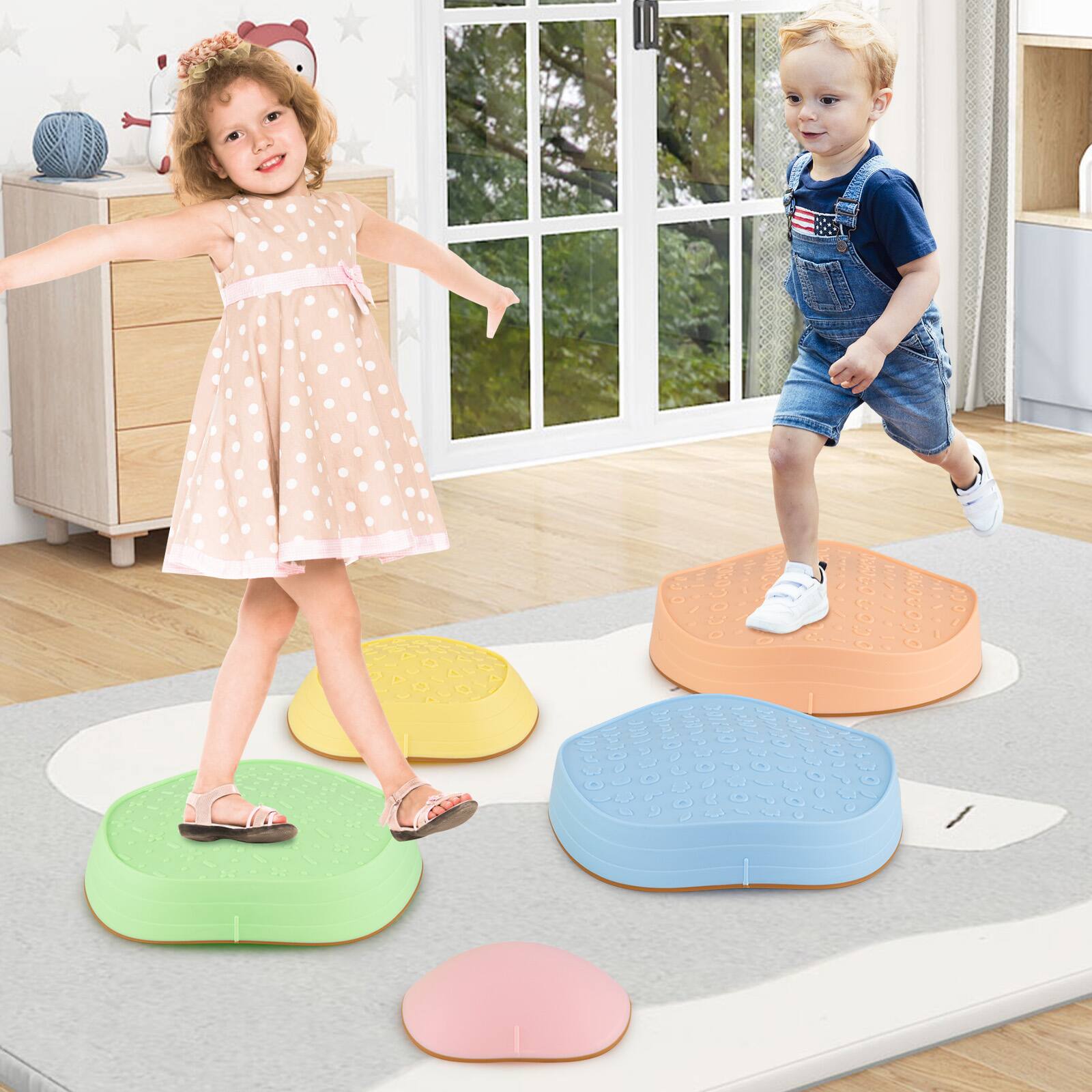 Alt View 7. Gymax - Gymax 5 PCS Stepping Stones for Kids w/Storage Bag for Motor Skills Strength Ages 3+ Outdoor - Multi-Color.