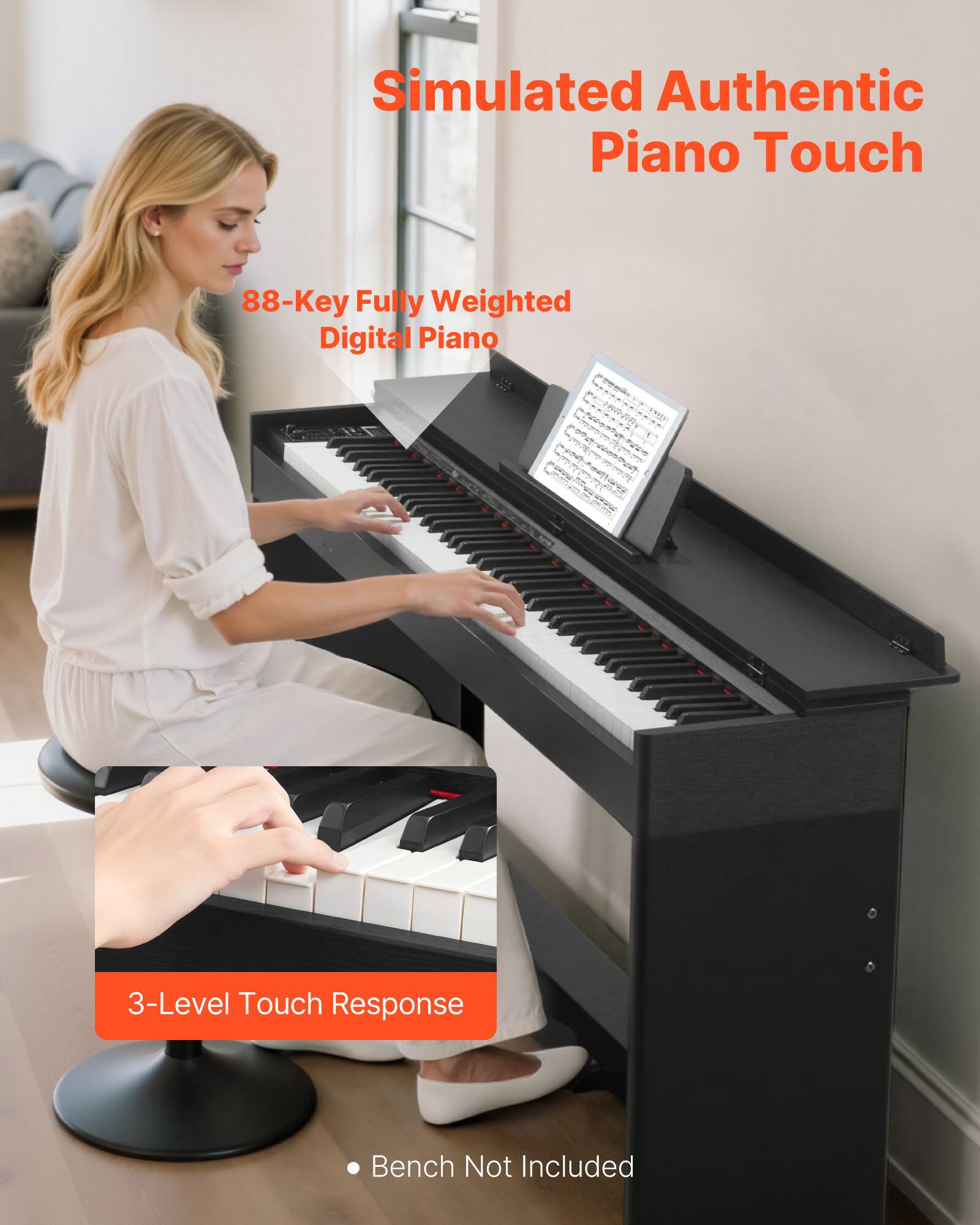 Simulated Authentic Piano Touch

88-Key Fully Weighted Digital Piano

3-Level Touch Response

Bench Not Included