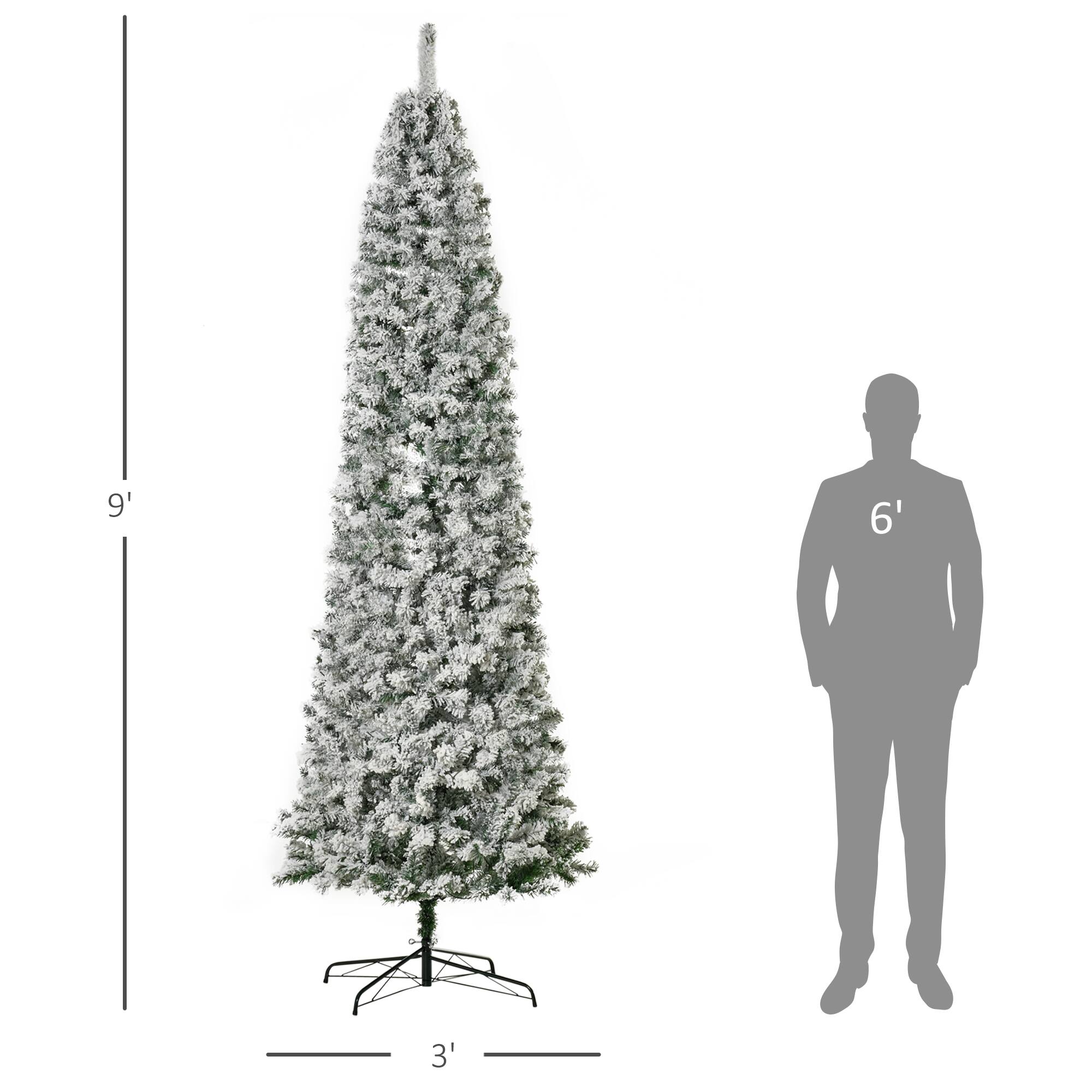 Alt View 2. Homcom - Prelit Snow-Flocked Artificial Christmas Tree, Slim Xmas Tree with 550 LED Lights and 988 Branches - Green.